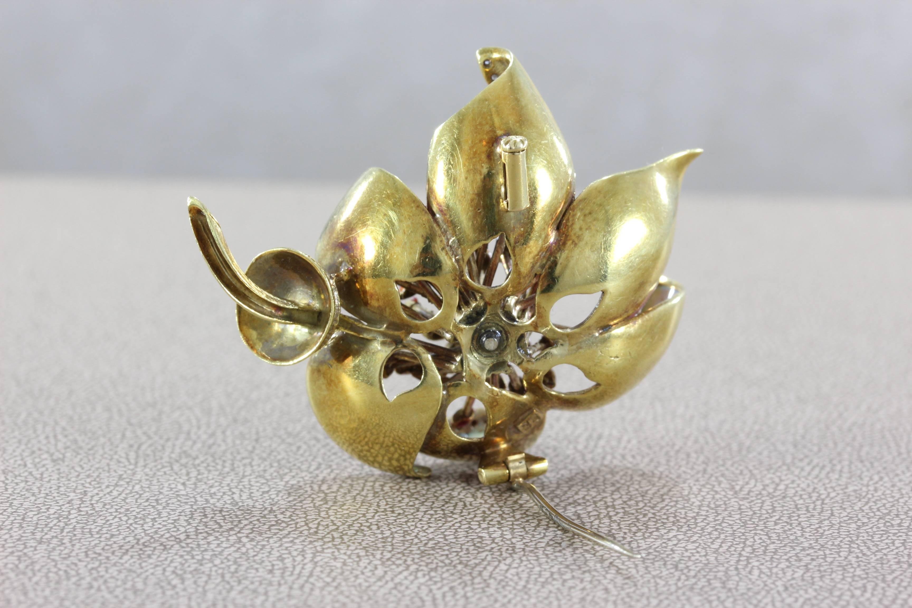 Women's or Men's Italian Enamel Diamond Gold Flower Brooch For Sale