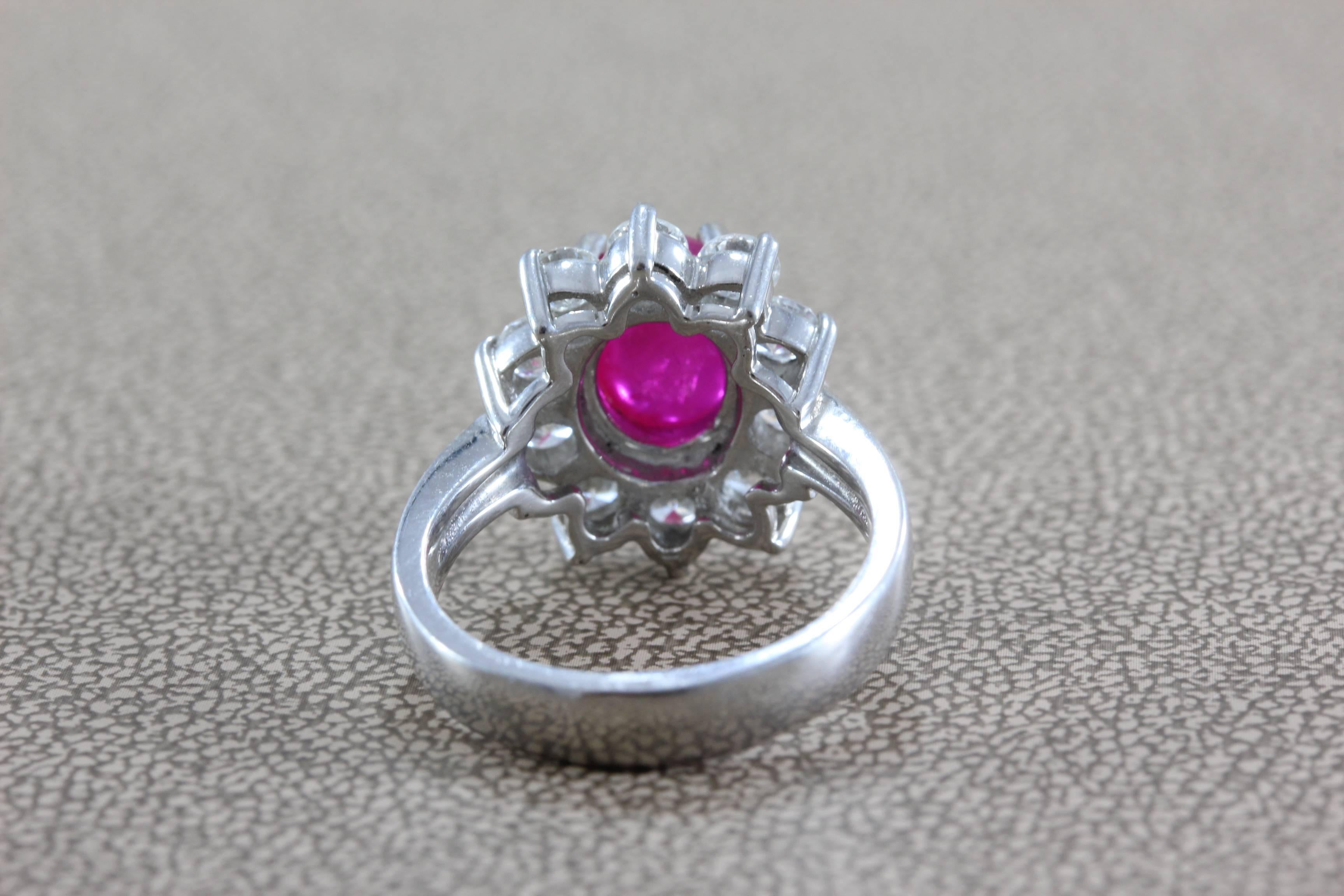 Round Cut GIA Certified Cabochon Burma Ruby Diamond Platinum Ring