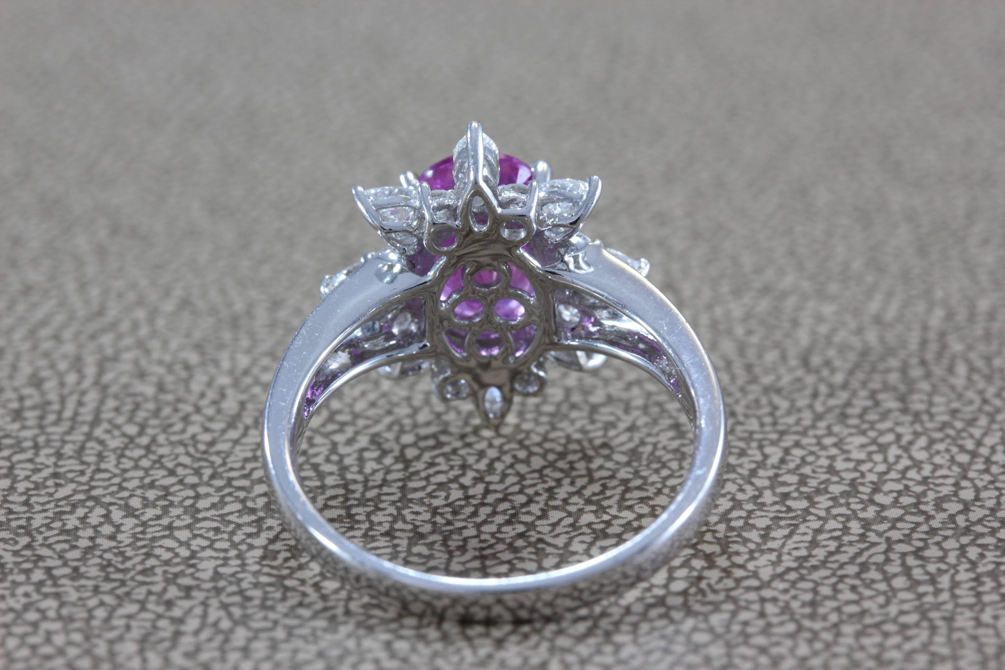 Pink Sapphire Diamond Halo Gold Ring For Sale 2