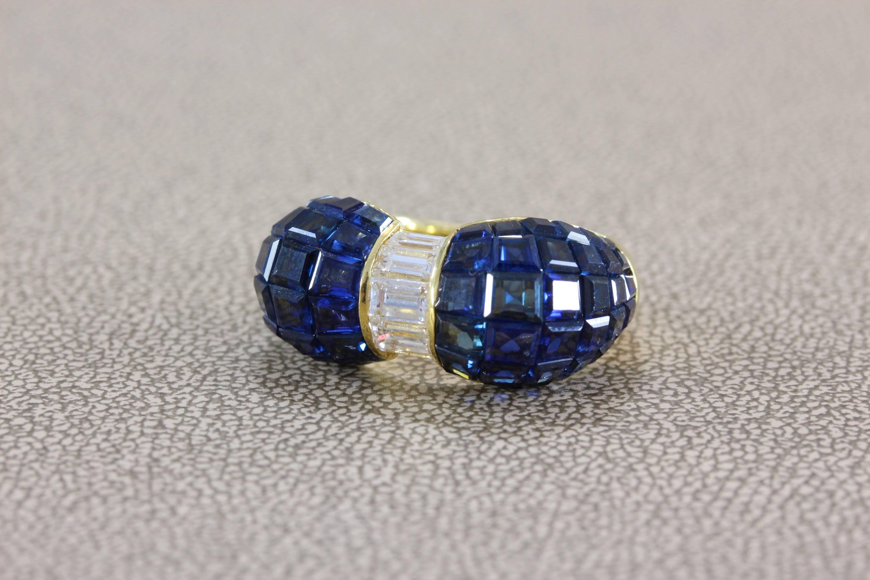 Baguette Cut Blue Sapphire Diamond Gold Ring