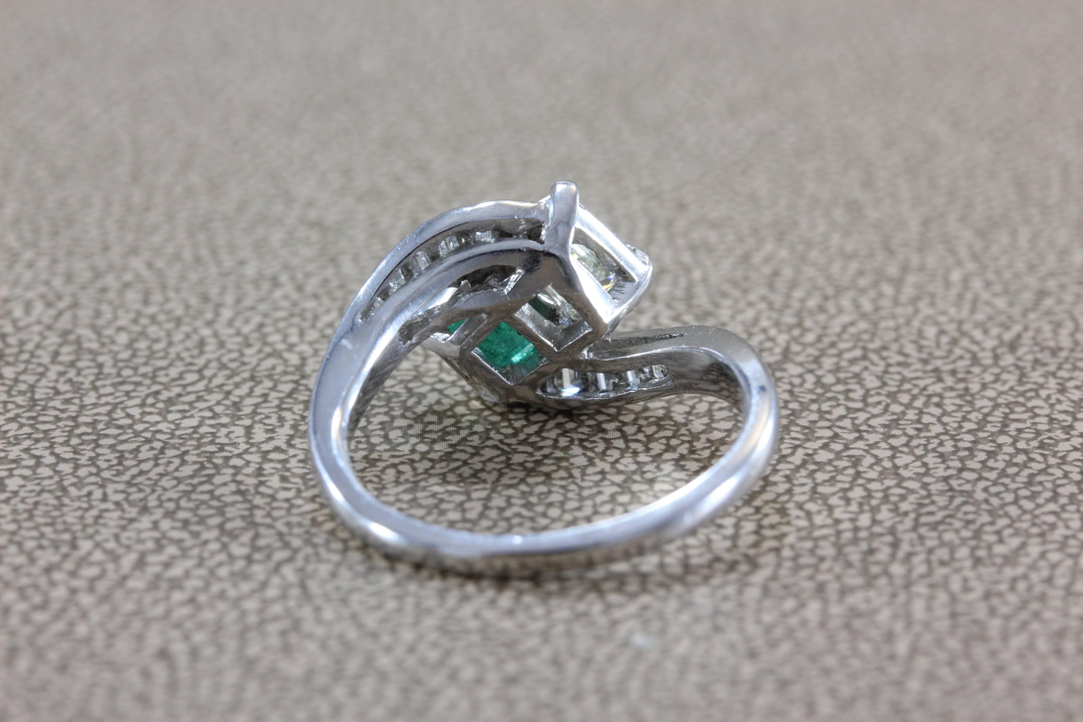 Diamond Emerald Platinum Bypass Ring In New Condition In Beverly Hills, CA