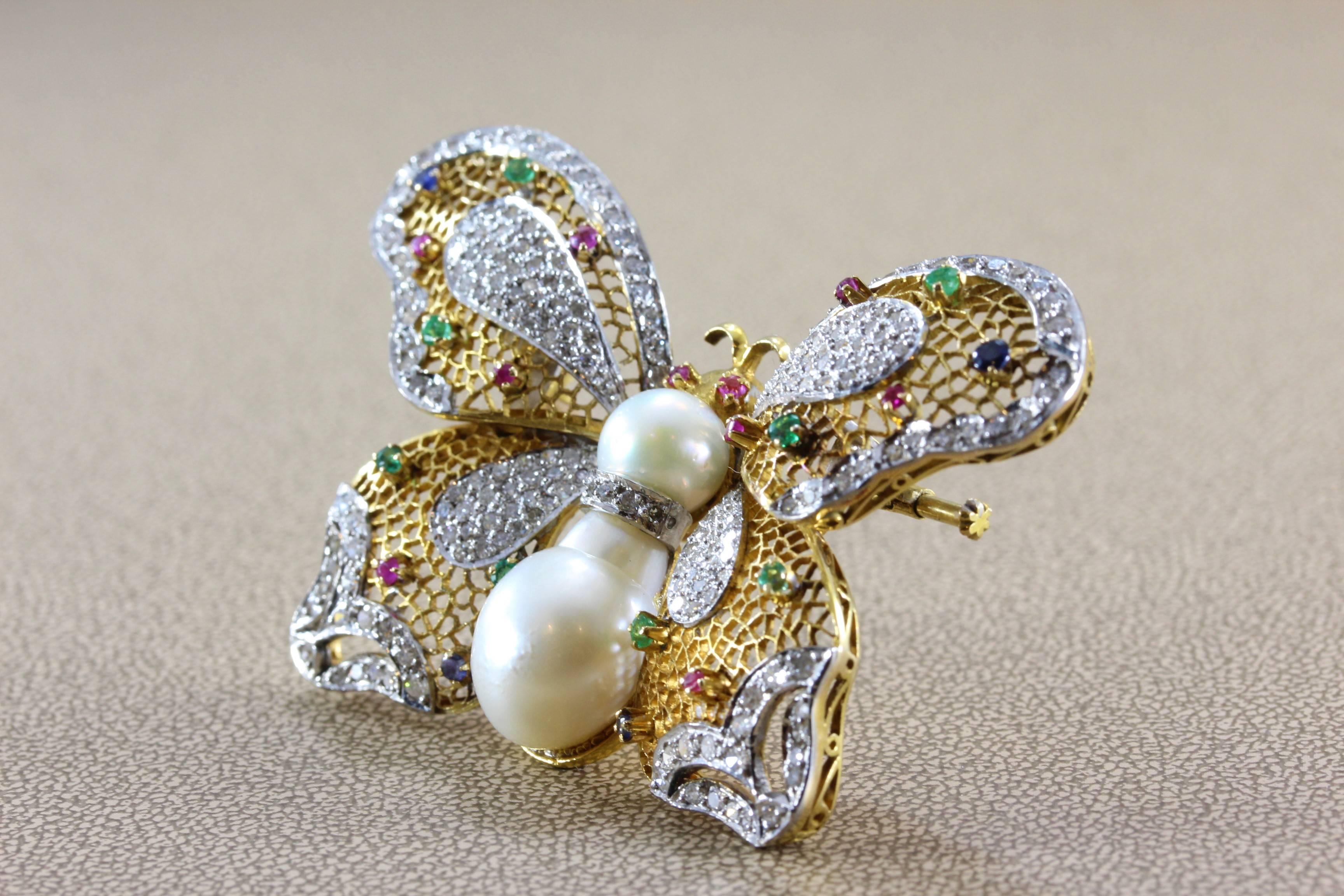Women's or Men's Diamond Multi-Color Gemstone Ruby Sapphire Emerald Pearl Gold Butterfly Brooch