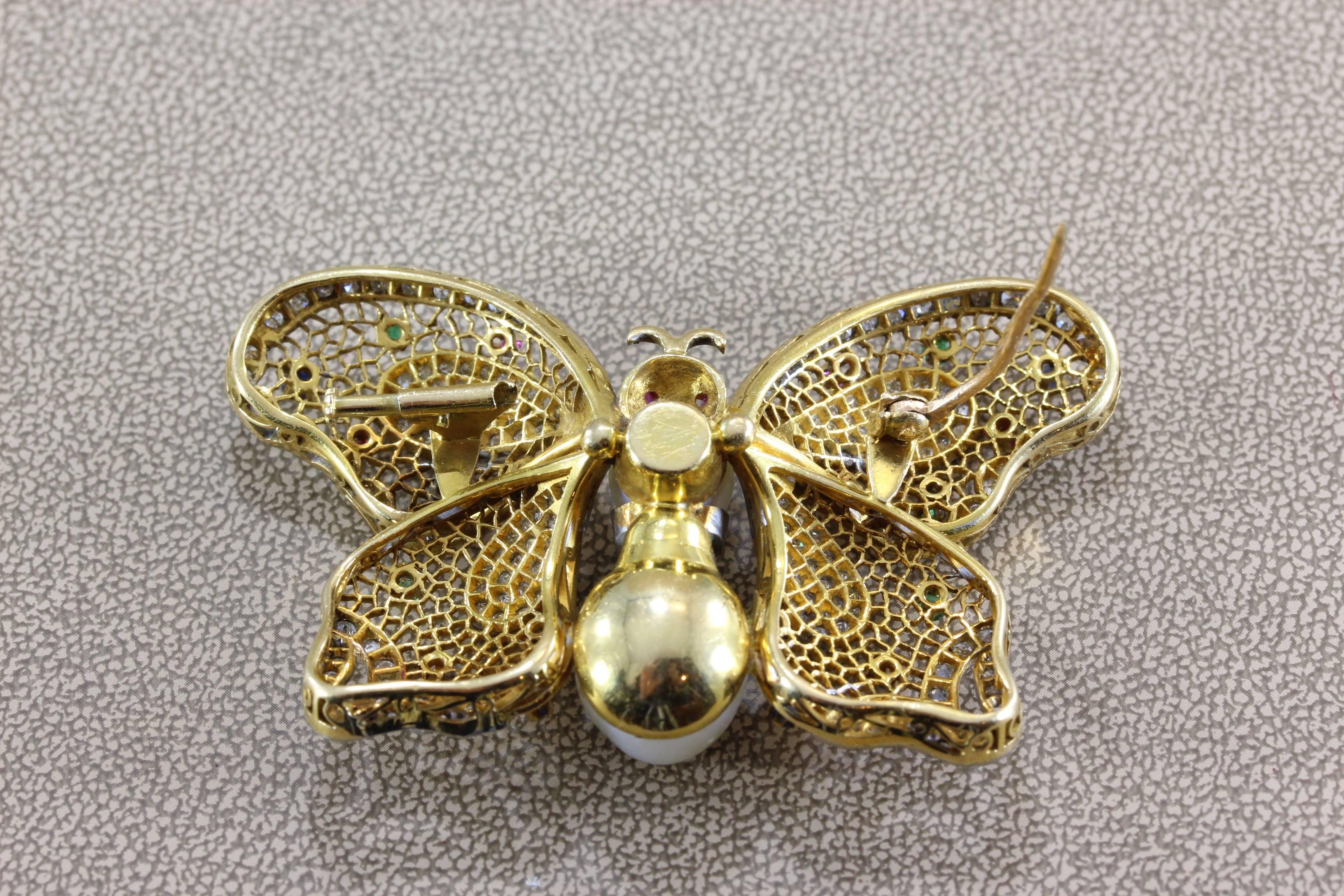 Diamond Multi-Color Gemstone Ruby Sapphire Emerald Pearl Gold Butterfly Brooch 1