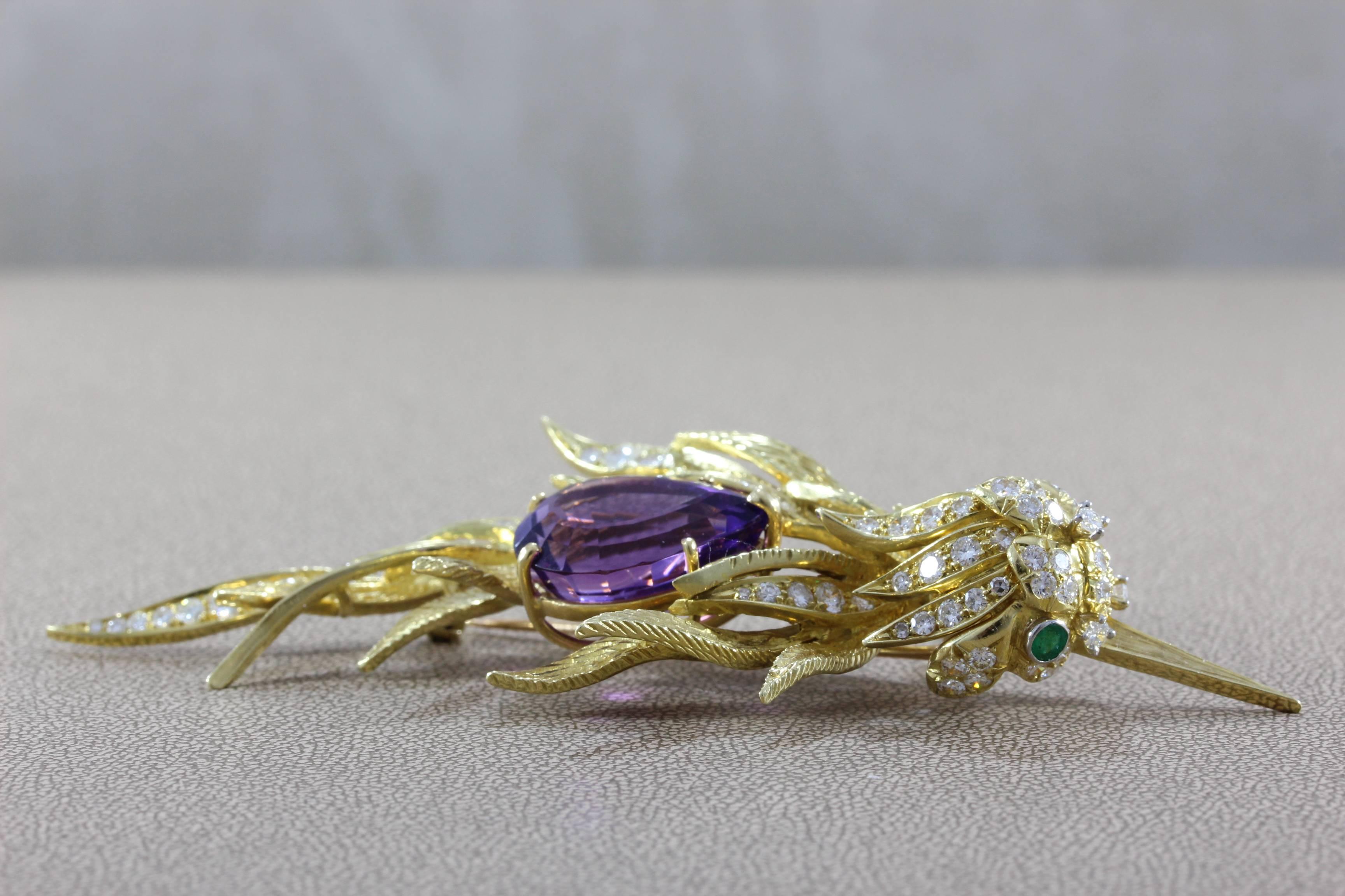 Amethyst Diamond Emerald Gold Bird Brooch In New Condition For Sale In Beverly Hills, CA