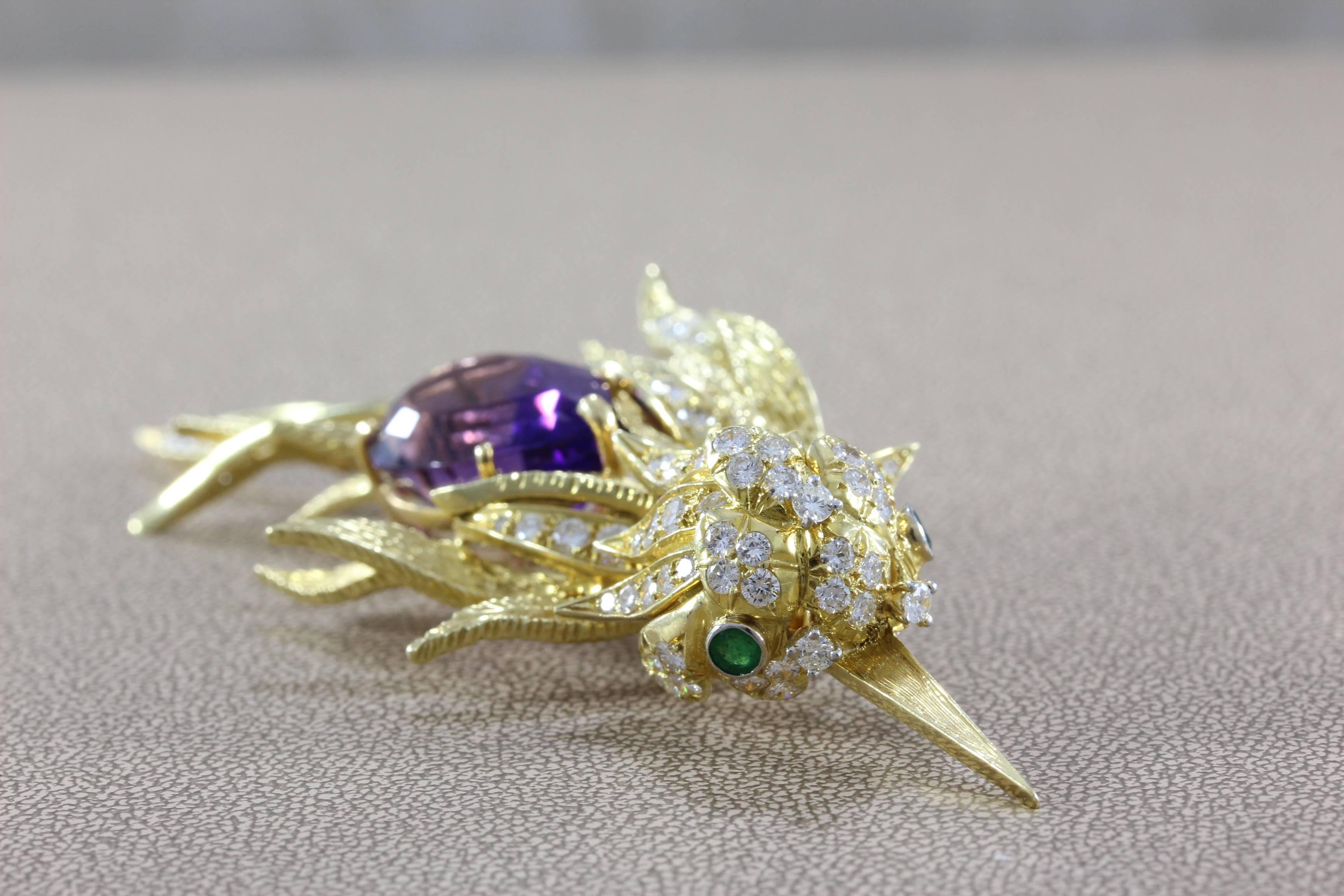 Women's or Men's Amethyst Diamond Emerald Gold Bird Brooch For Sale