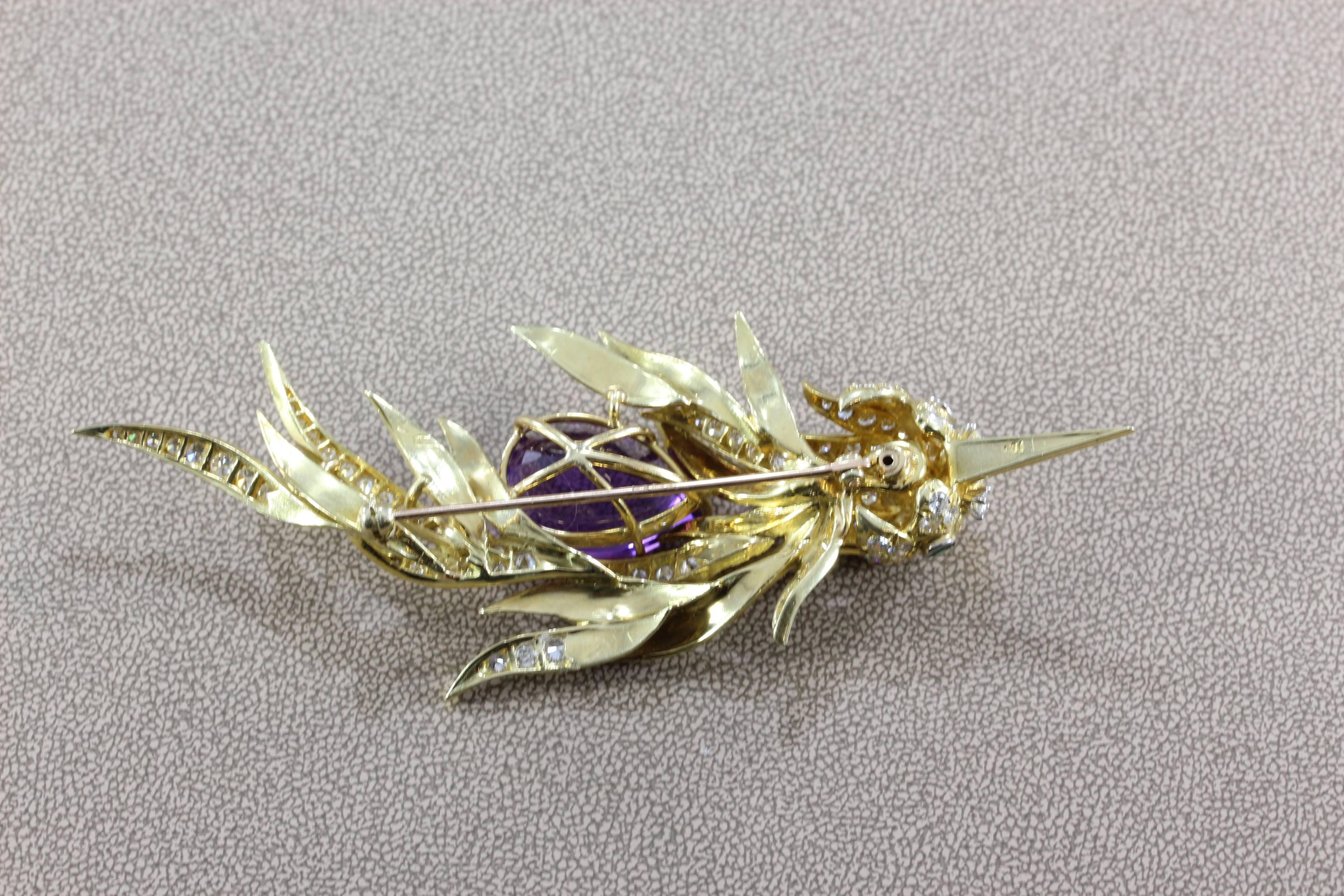 Amethyst Diamond Emerald Gold Bird Brooch For Sale 1