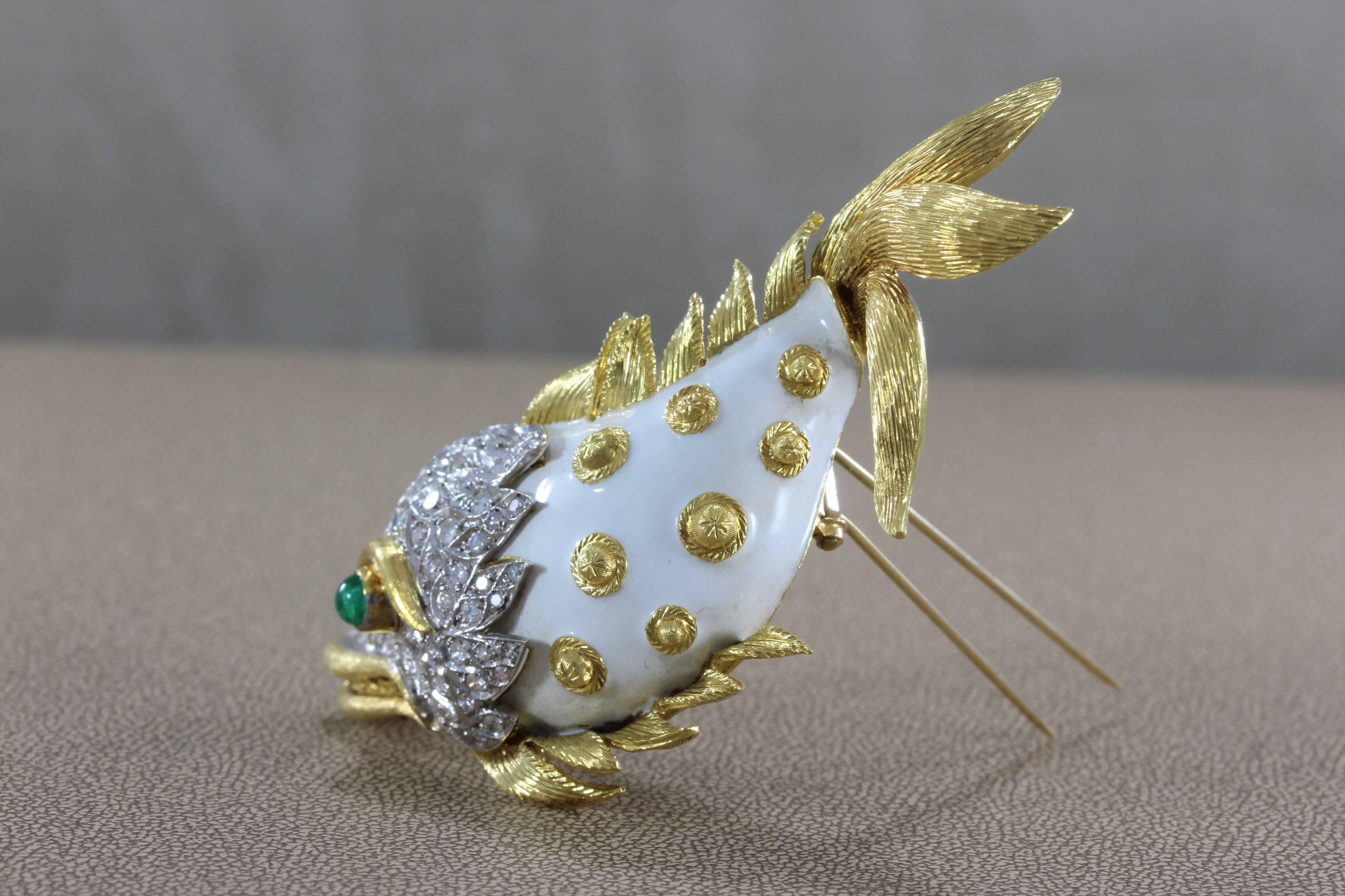 Modern Diamond Emerald Enamel Gold Fish Brooch