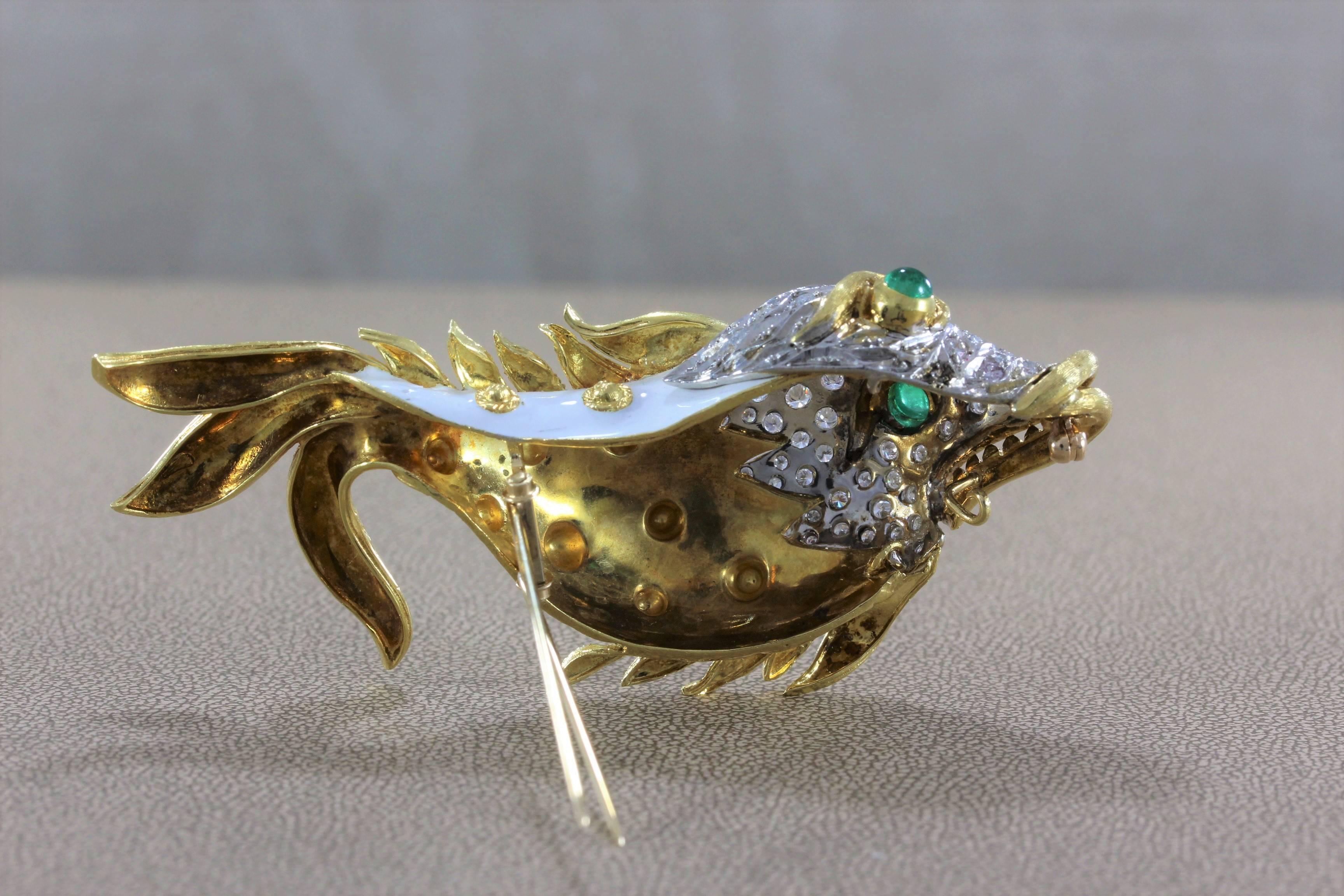 Diamond Emerald Enamel Gold Fish Brooch In Excellent Condition In Beverly Hills, CA