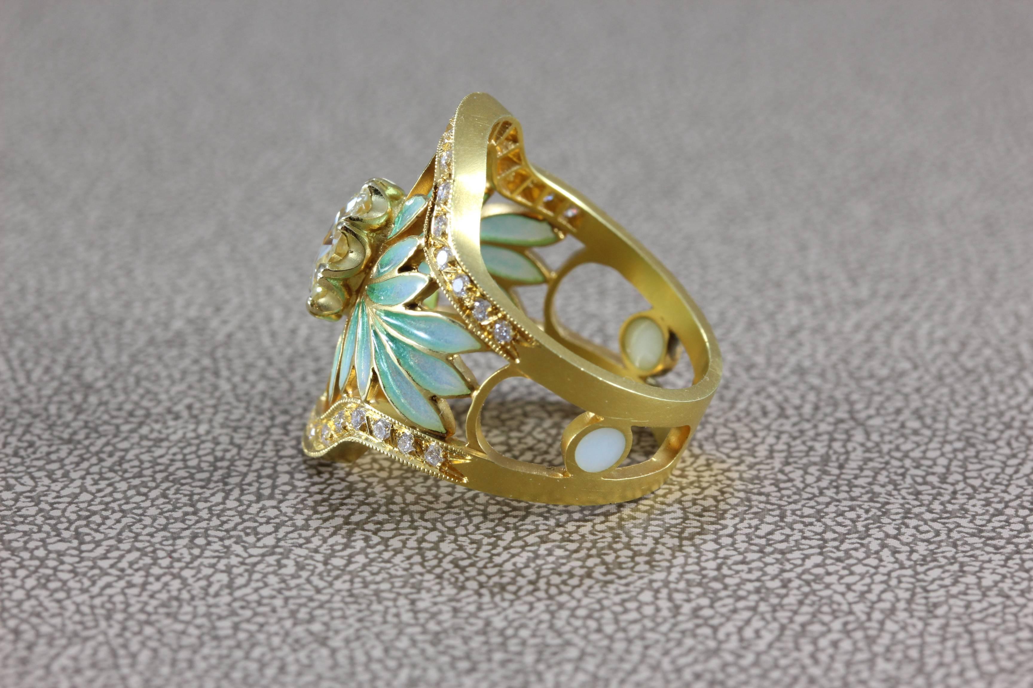 Art Nouveau Masriera Diamond Enamel Plique-a-Jour Gold Engagement Ring