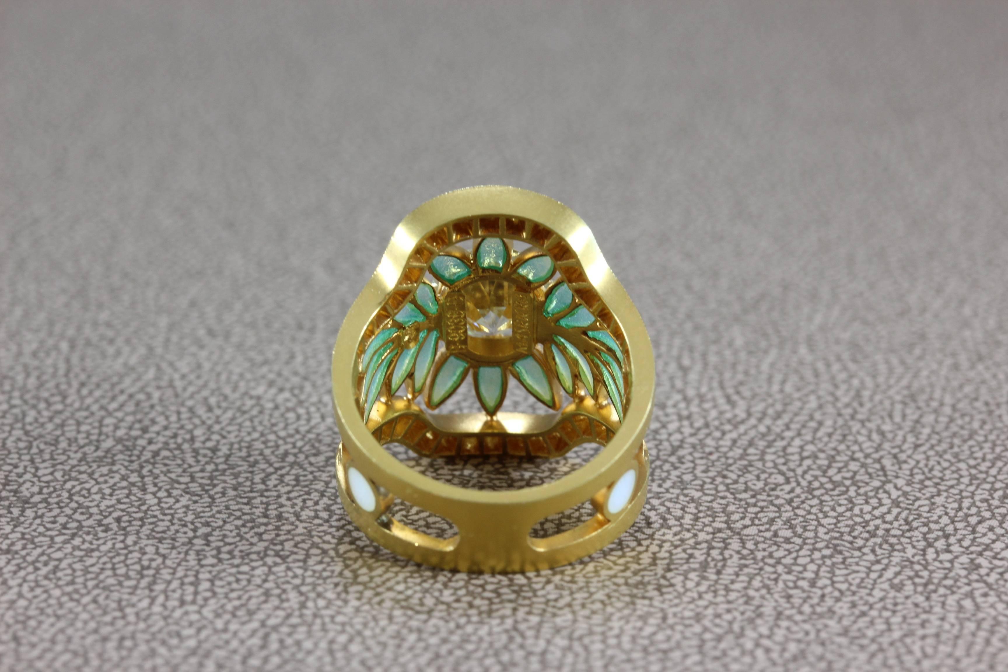 Round Cut Masriera Diamond Enamel Plique-a-Jour Gold Engagement Ring