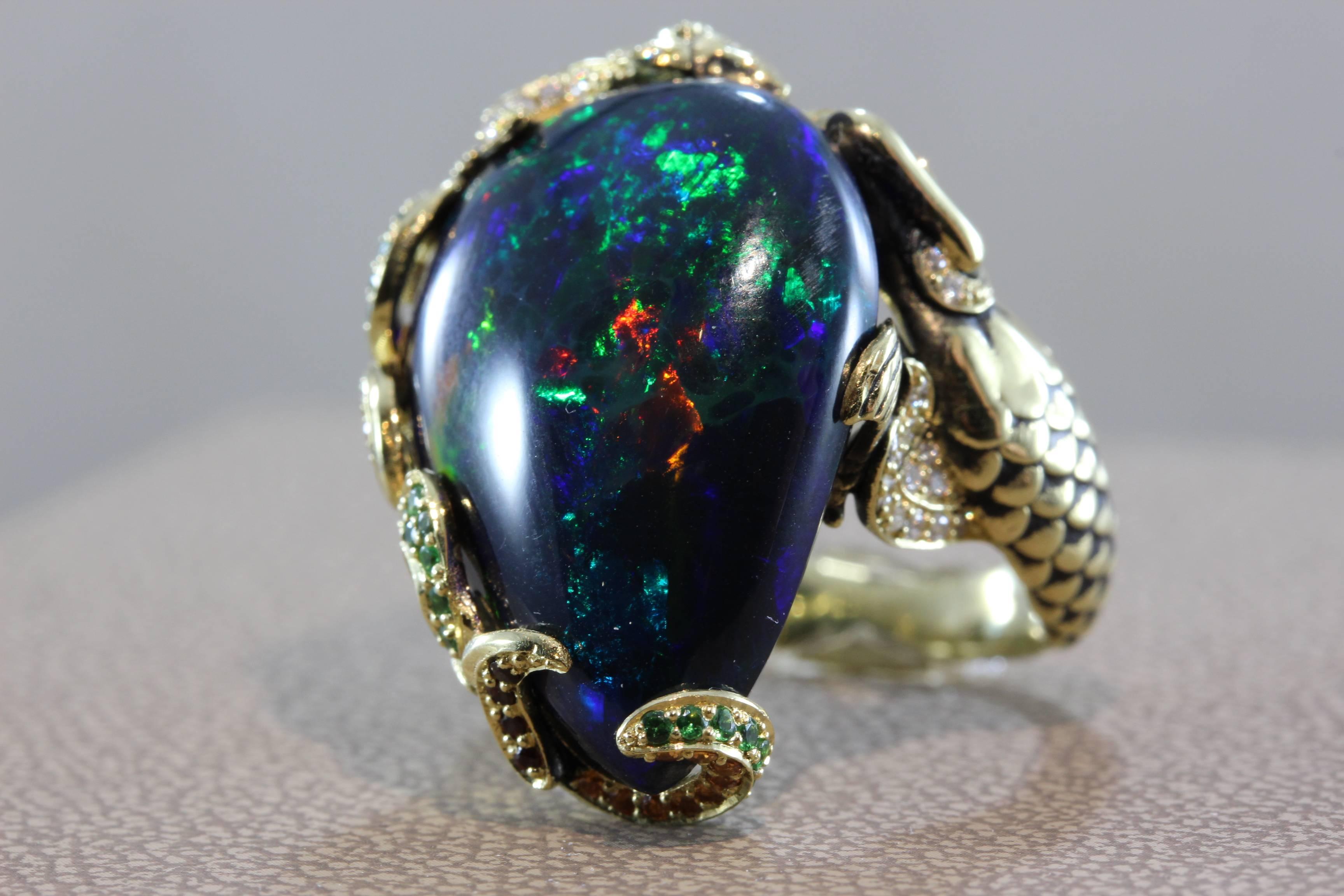Black Opal Diamond Tsavorite Garnet Gold Mermaid Ring In Excellent Condition In Beverly Hills, CA