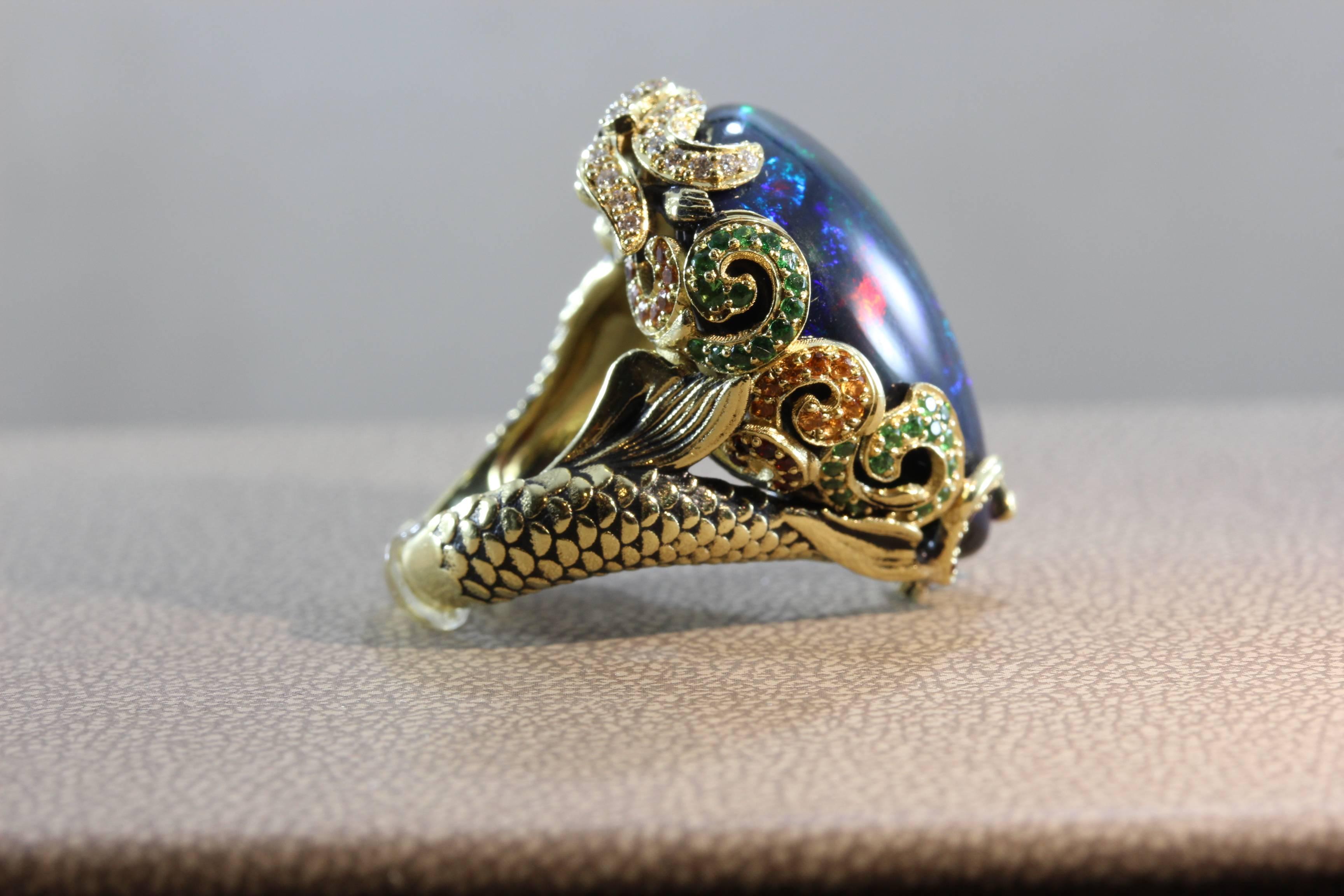 Women's Black Opal Diamond Tsavorite Garnet Gold Mermaid Ring