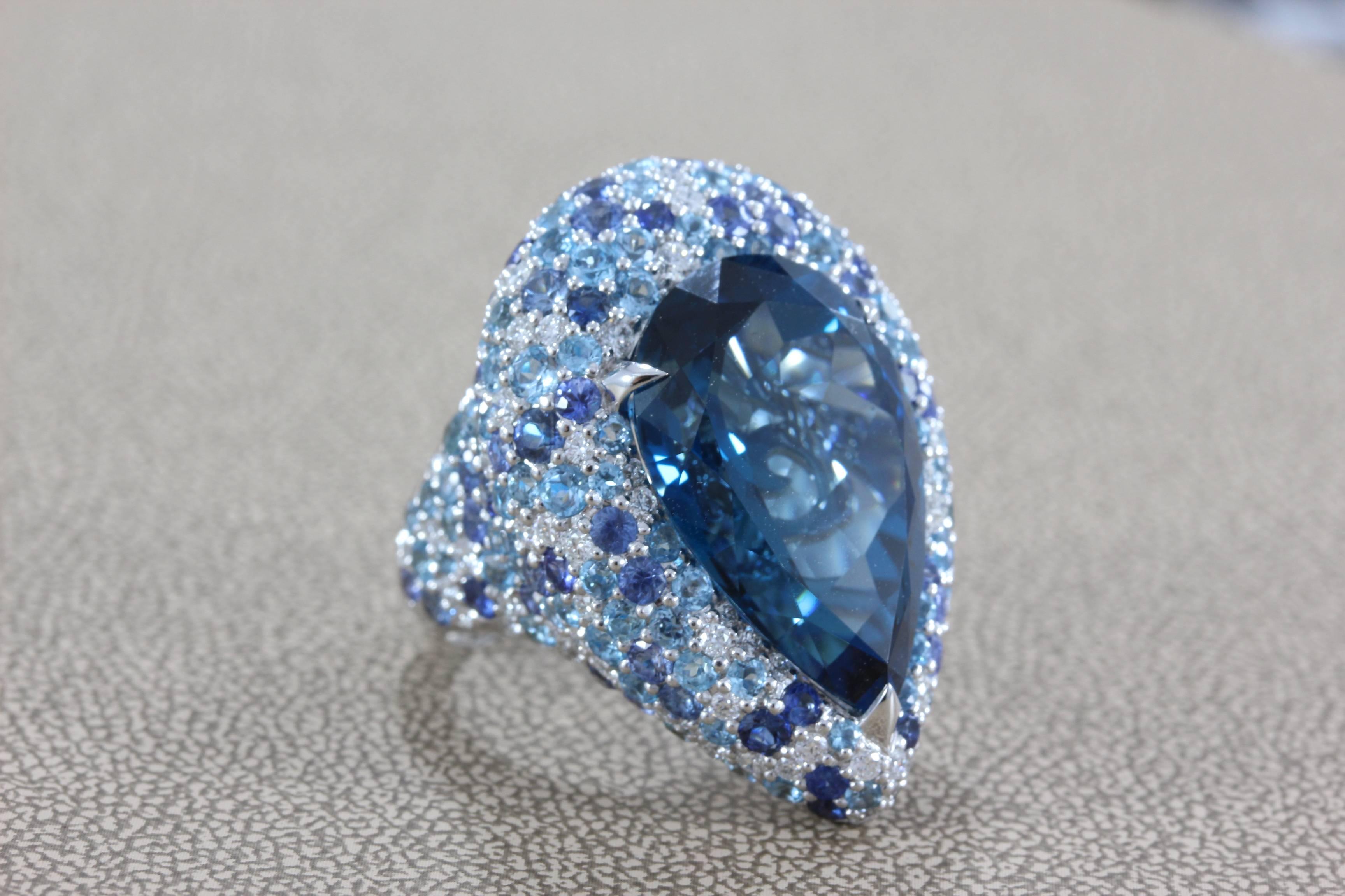 Blue Topaz Diamond Sapphire Gold Cocktail Ring In New Condition In Beverly Hills, CA