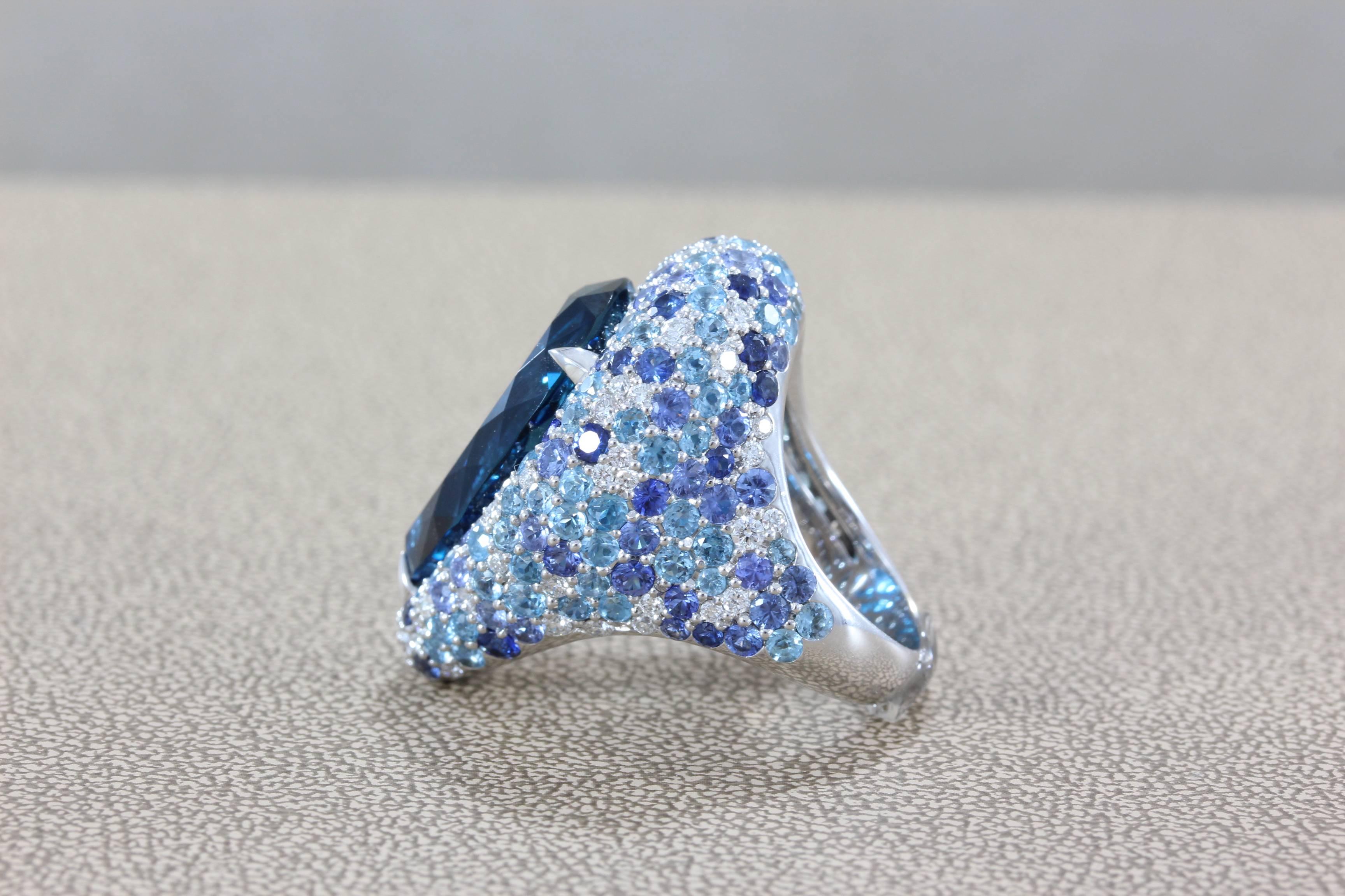 Blue Topaz Diamond Sapphire Gold Cocktail Ring 1