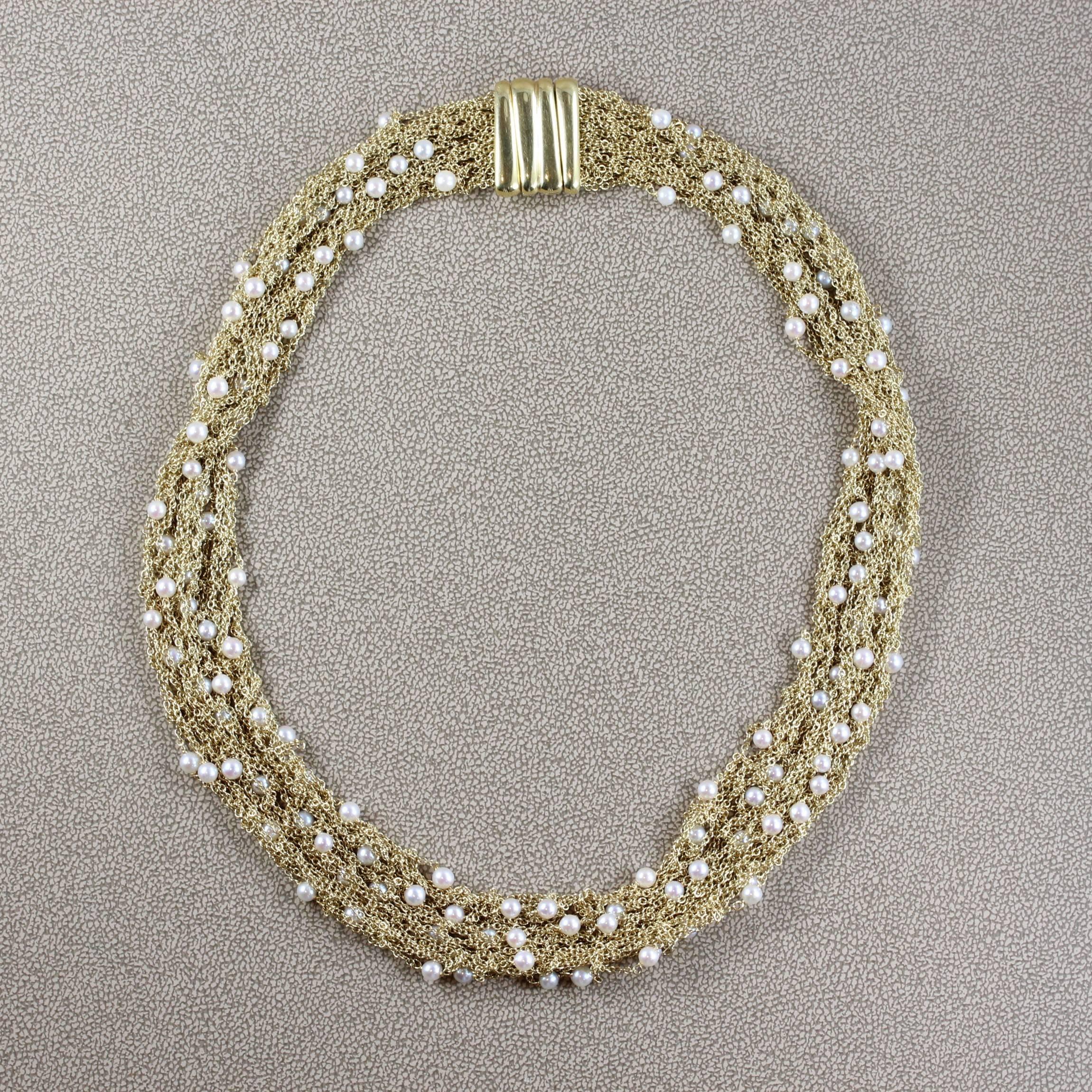 Italian Midcentury Seed Pearl Mesh Gold Necklace In New Condition For Sale In Beverly Hills, CA