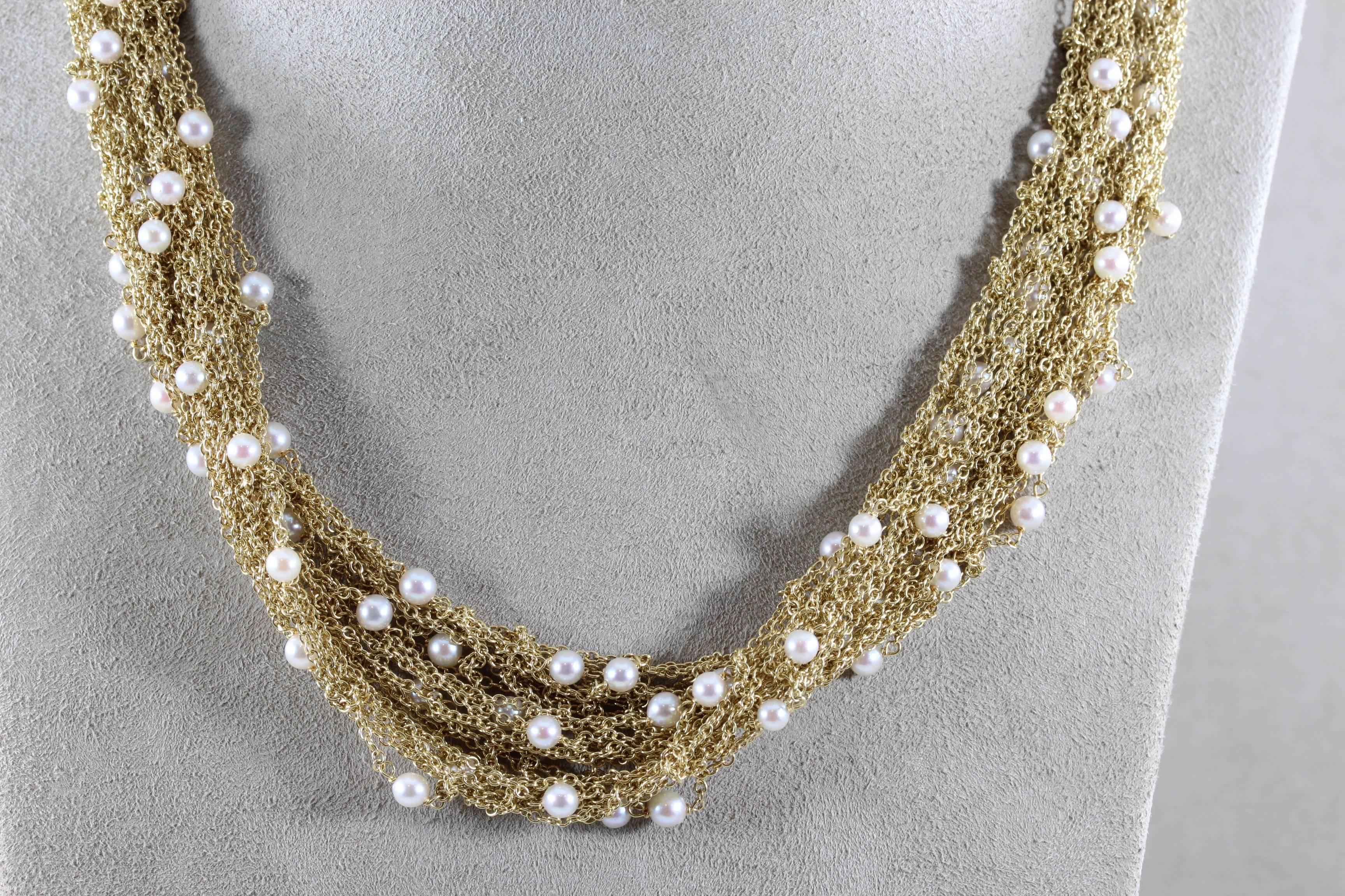 Italian Midcentury Seed Pearl Mesh Gold Necklace For Sale 1