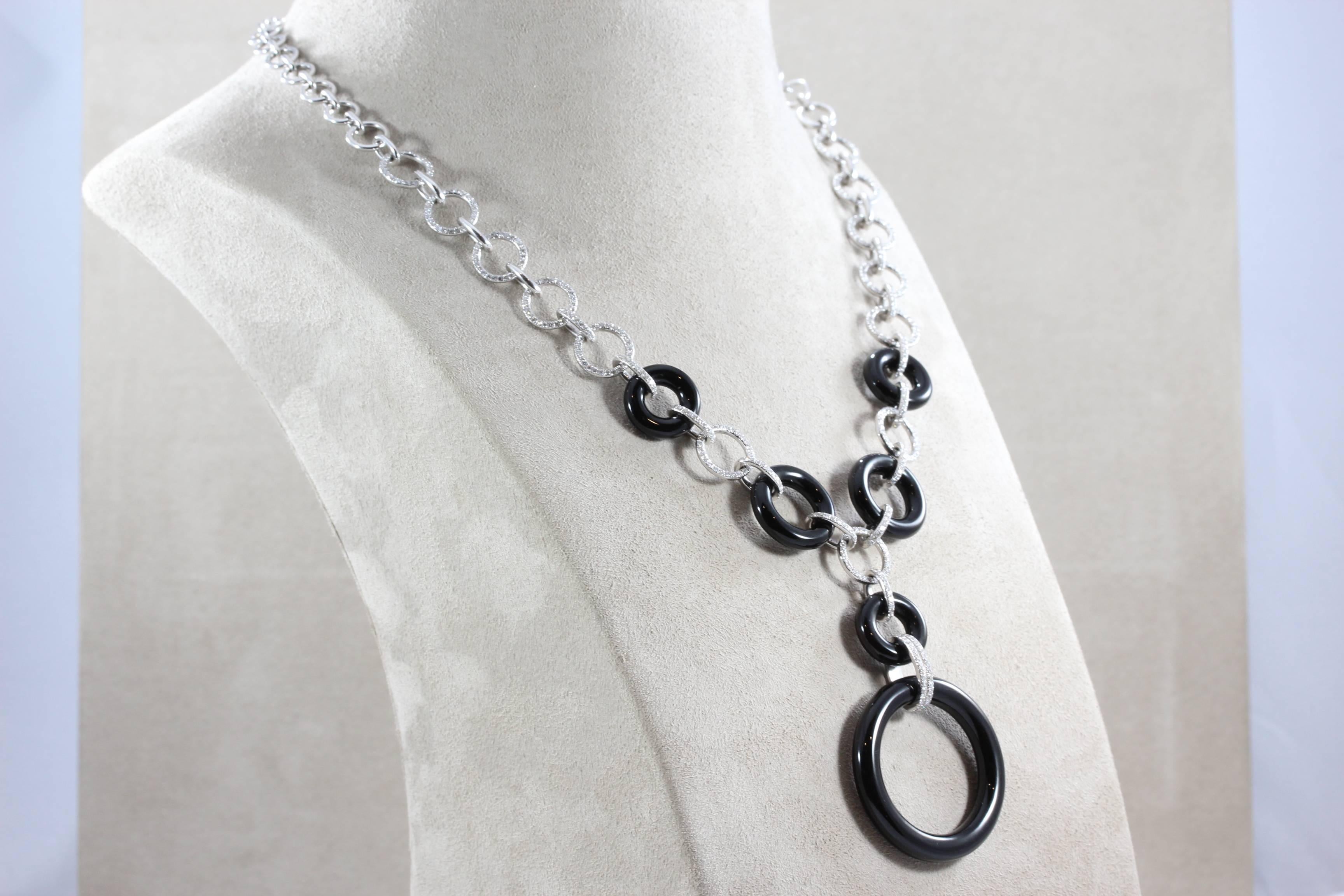 Women's Diamond Black Onyx Gold Geometric Link Necklace For Sale