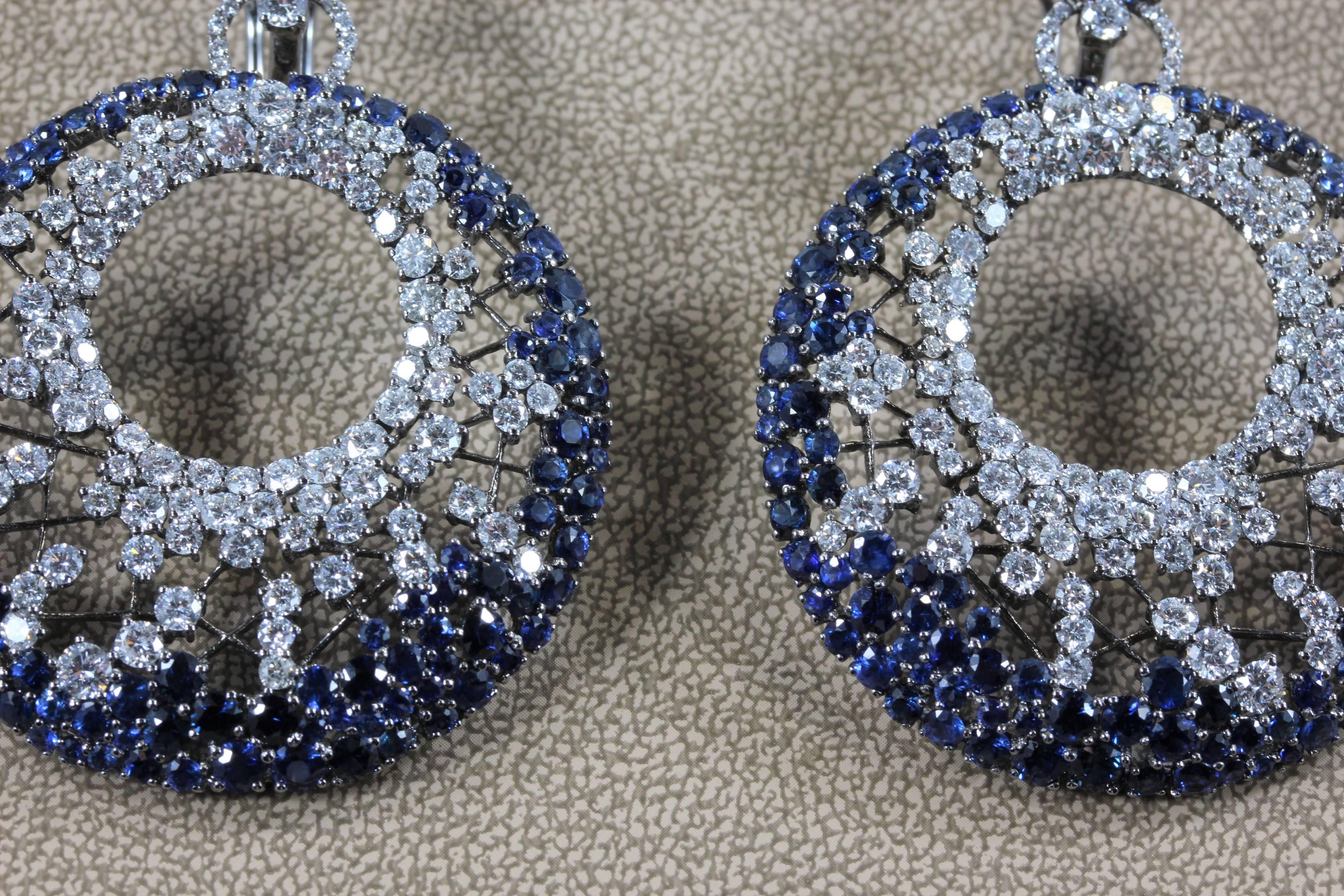 Round Cut Modern Diamond Blue Sapphire Black Gold Web Earrings