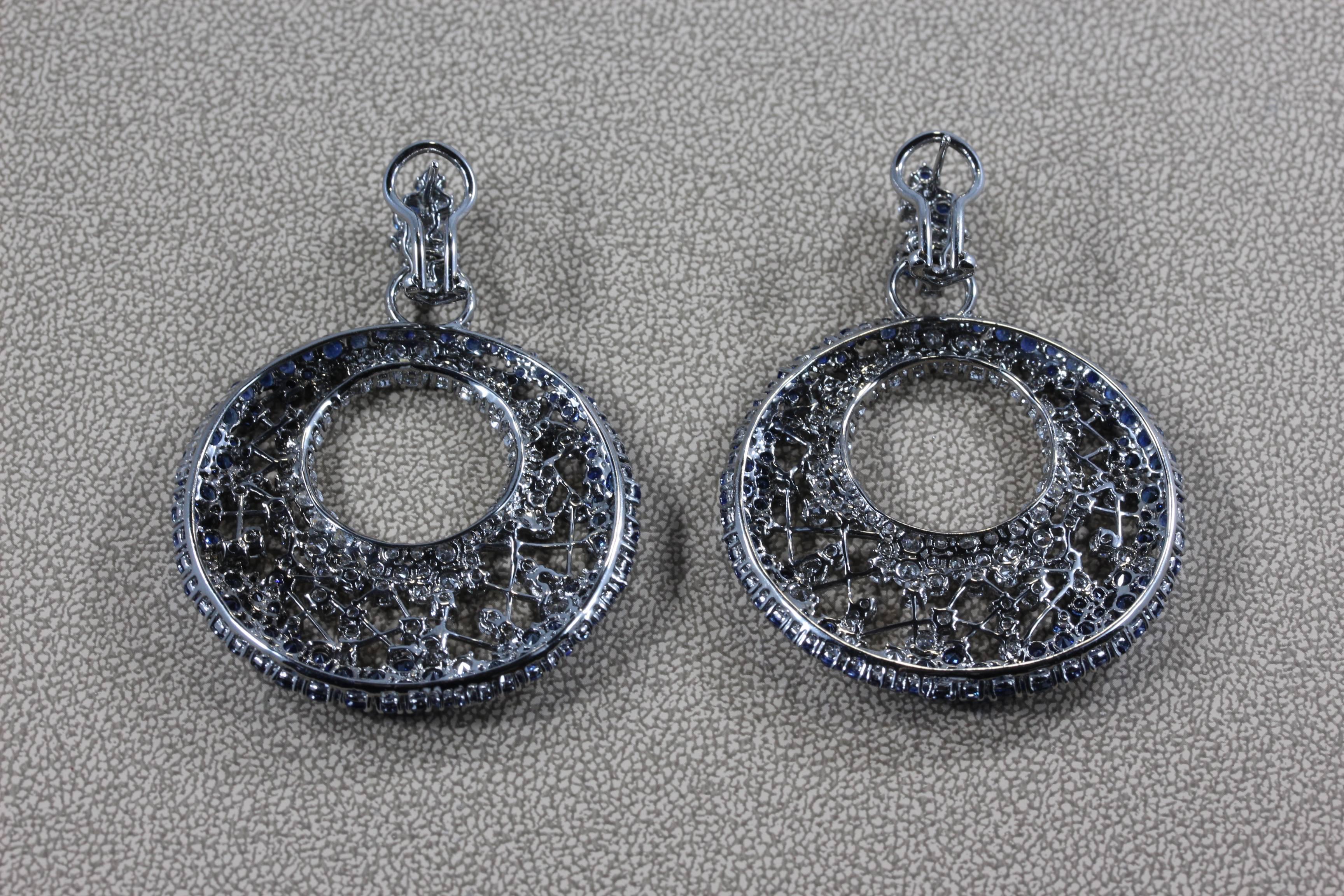 Modern Diamond Blue Sapphire Black Gold Web Earrings In New Condition In Beverly Hills, CA