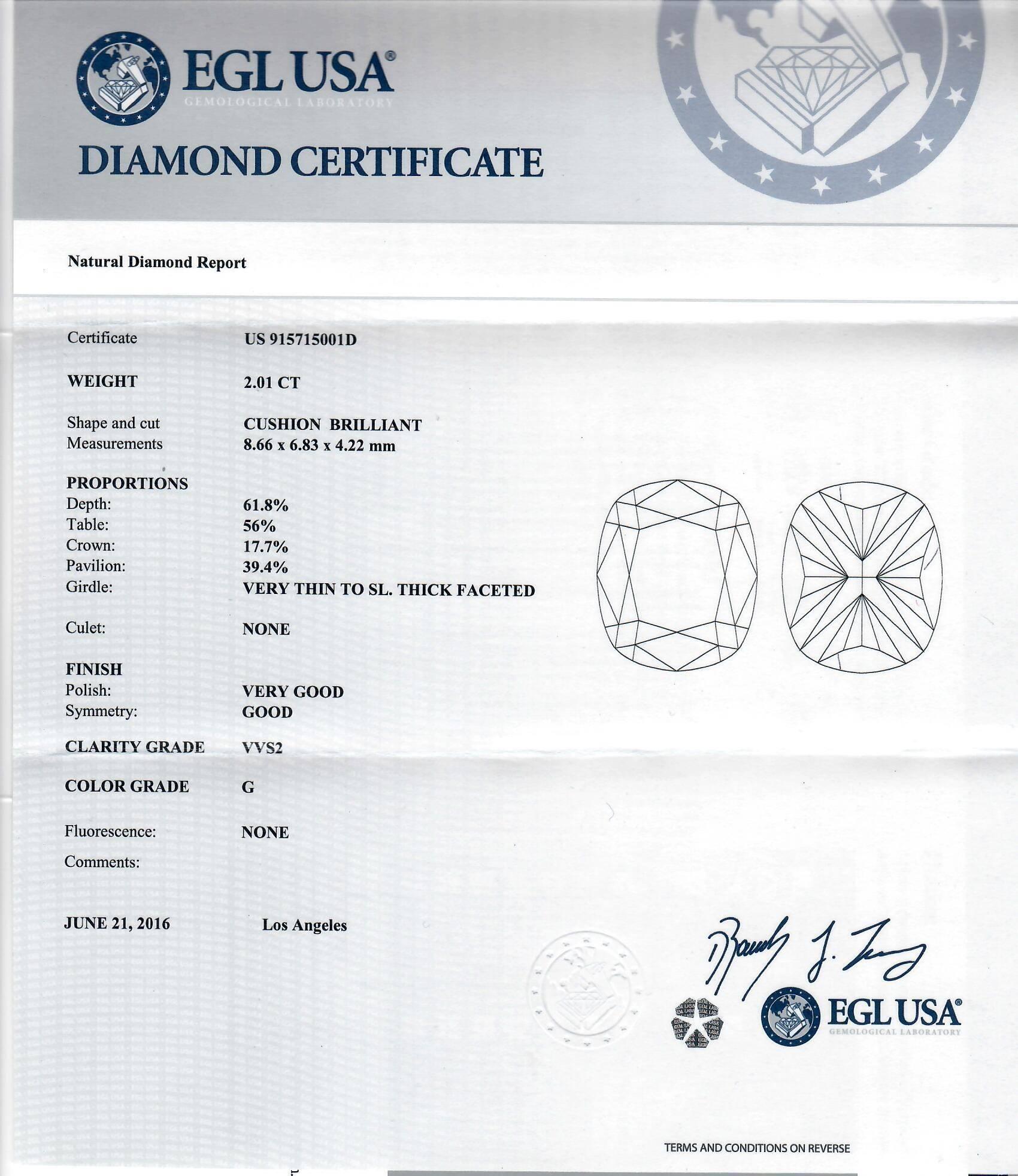 Women's or Men's 2.01 Carat Diamond Cushion Cut G/VVS2 Gold Engagement Ring For Sale