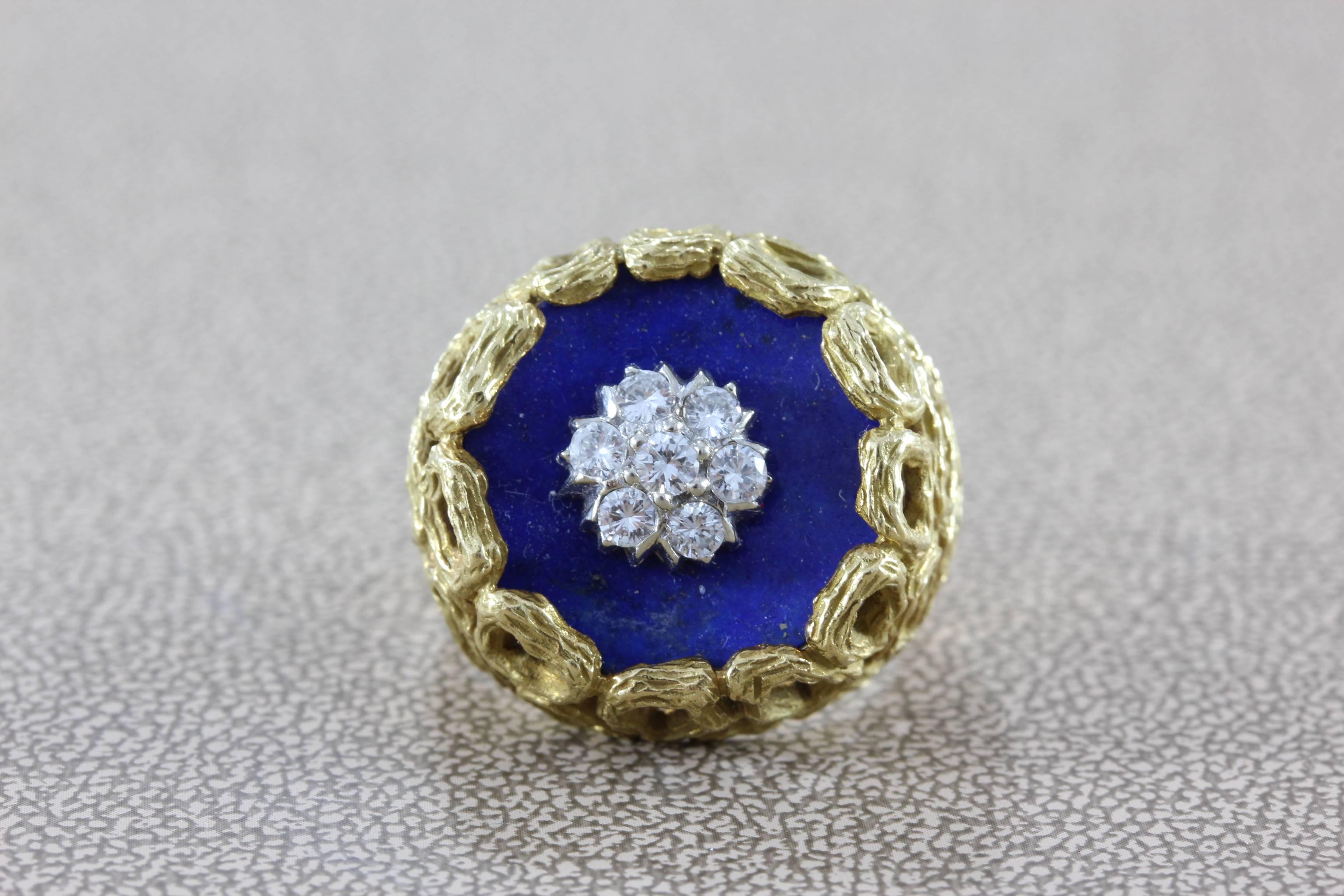 Round Cut Lapis Lazuli Diamond Cluster Gold Ring