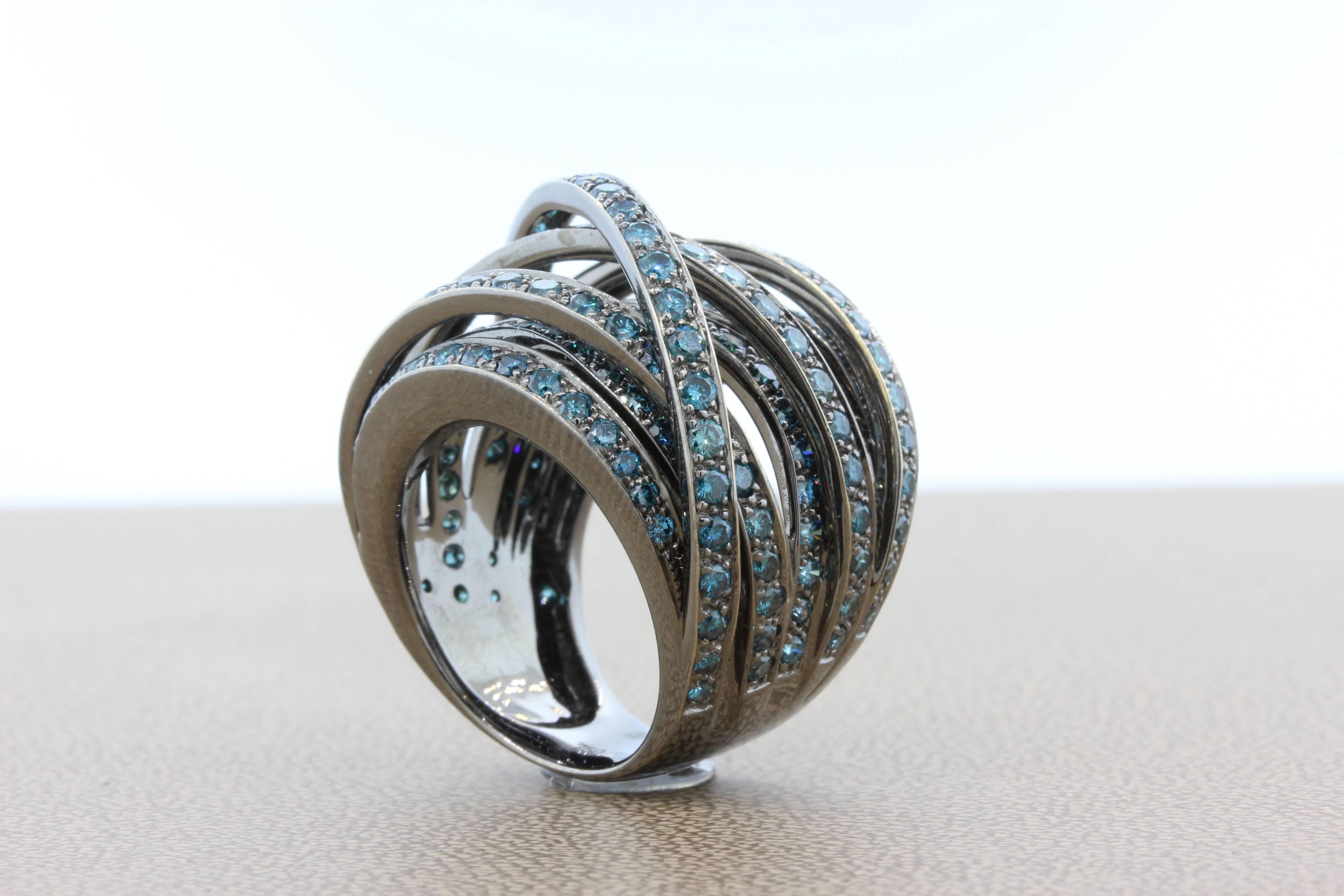 Round Cut Fancy Blue Diamond Black Gold Crossover Ring For Sale