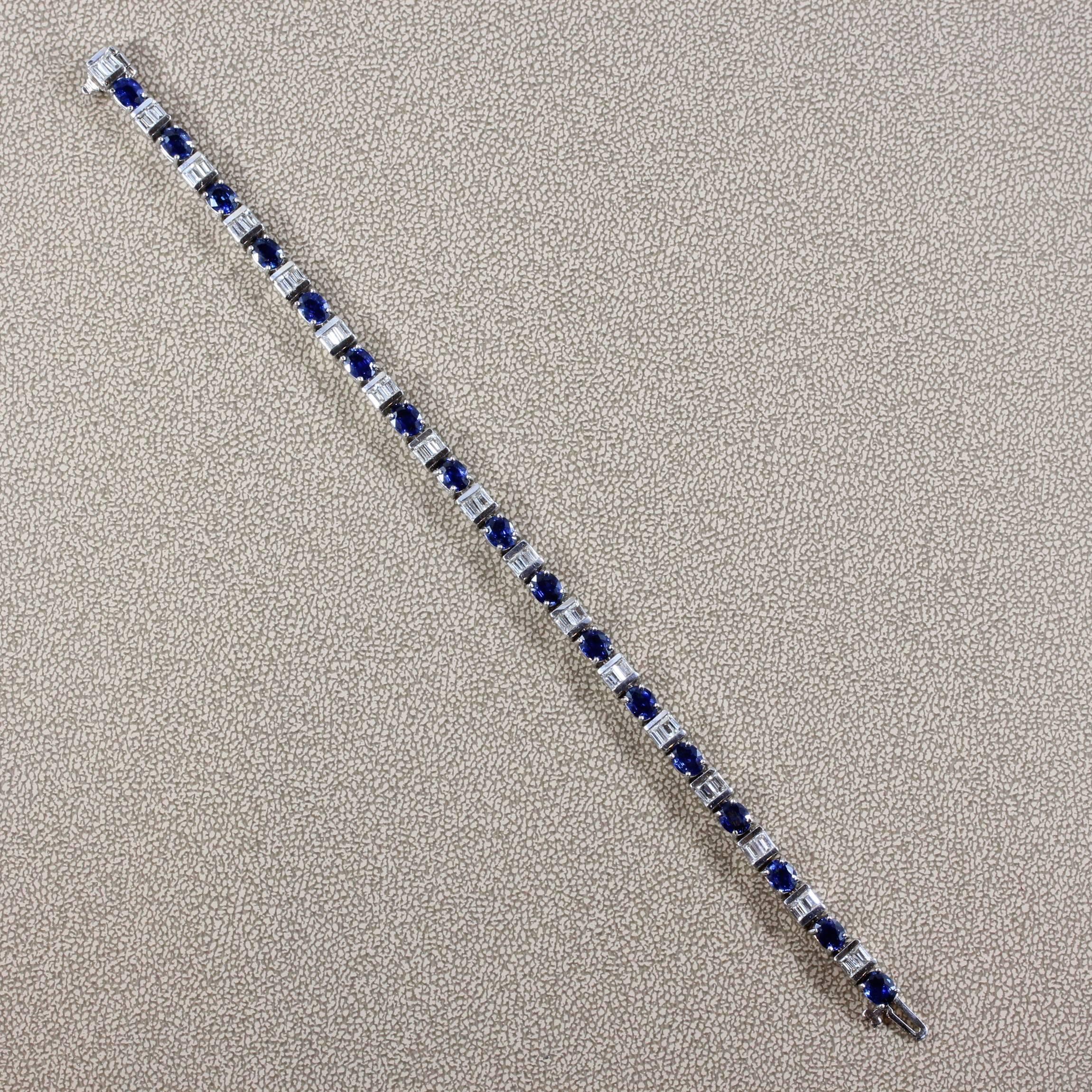 Blue Sapphire Diamond Gold Tennis Bracelet In New Condition In Beverly Hills, CA