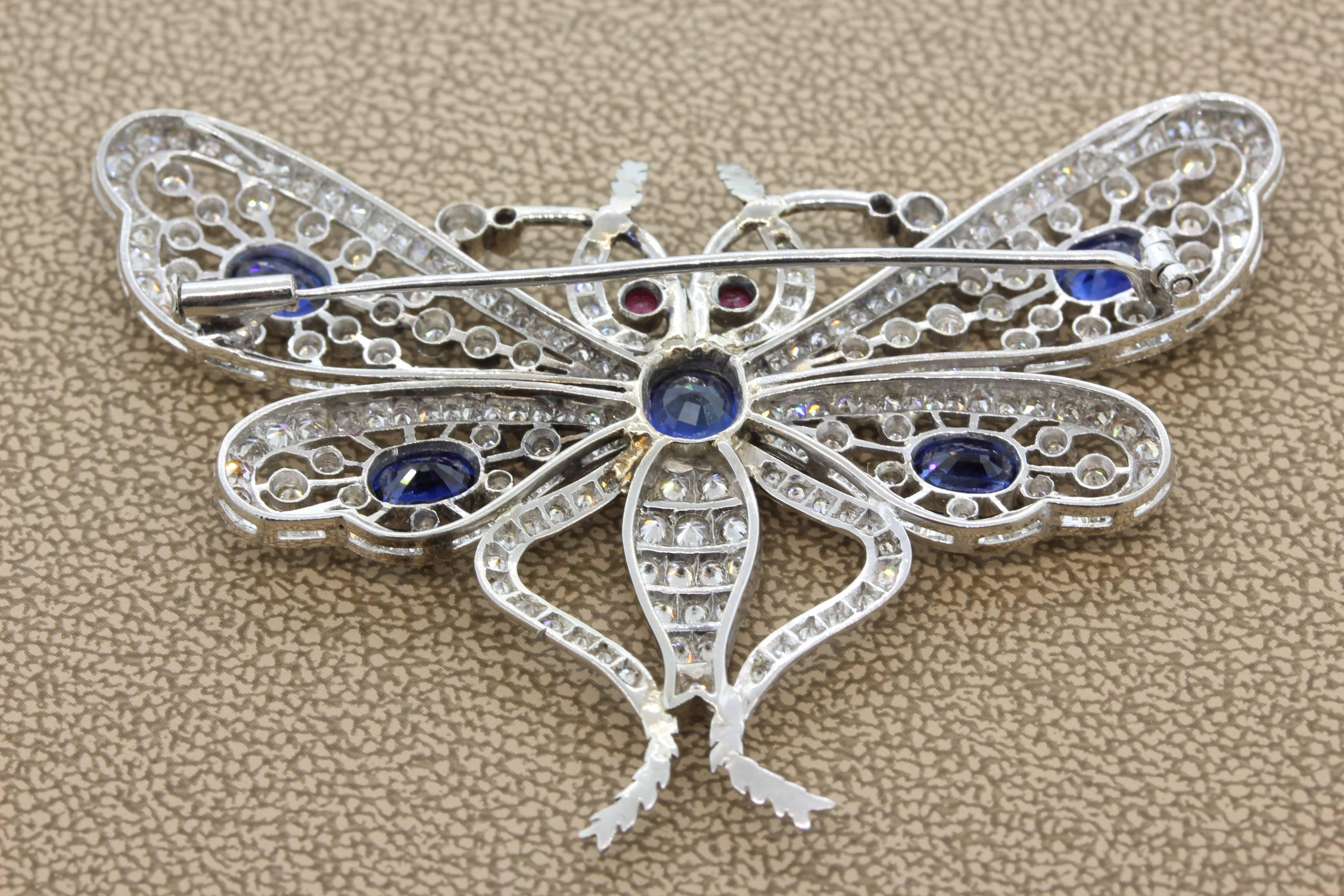 Women's or Men's Art Deco Diamond Sapphire Ruby Platinum Butterfly Brooch For Sale