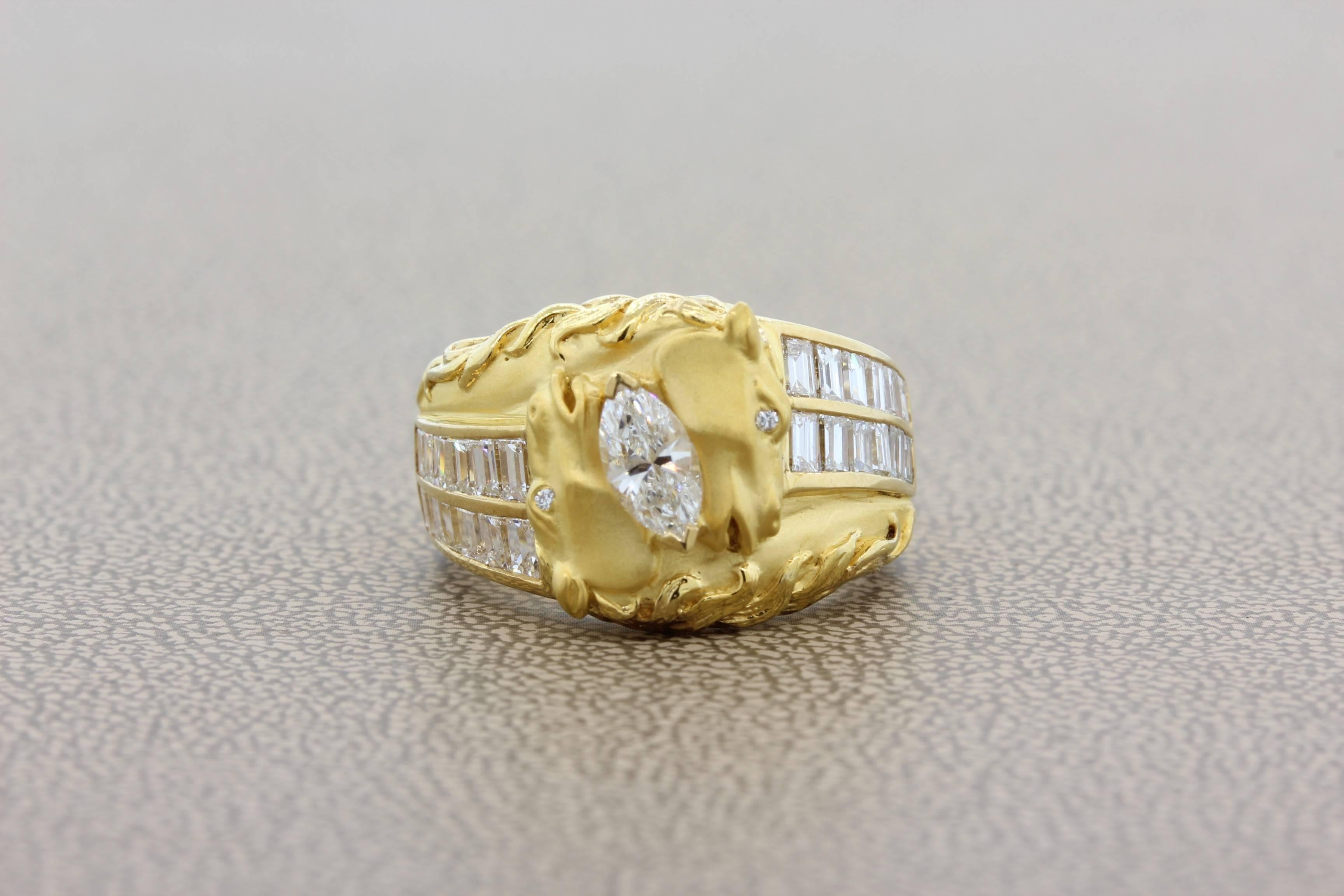A finely detailed ring by Carrera y Carrera, exquisite jewelry makers from Madrid. The ring features a center marquise cut diamond set between two stallions with even baguette cut diamonds tapering on the sides of the piece. Set in 18K yellow gold,