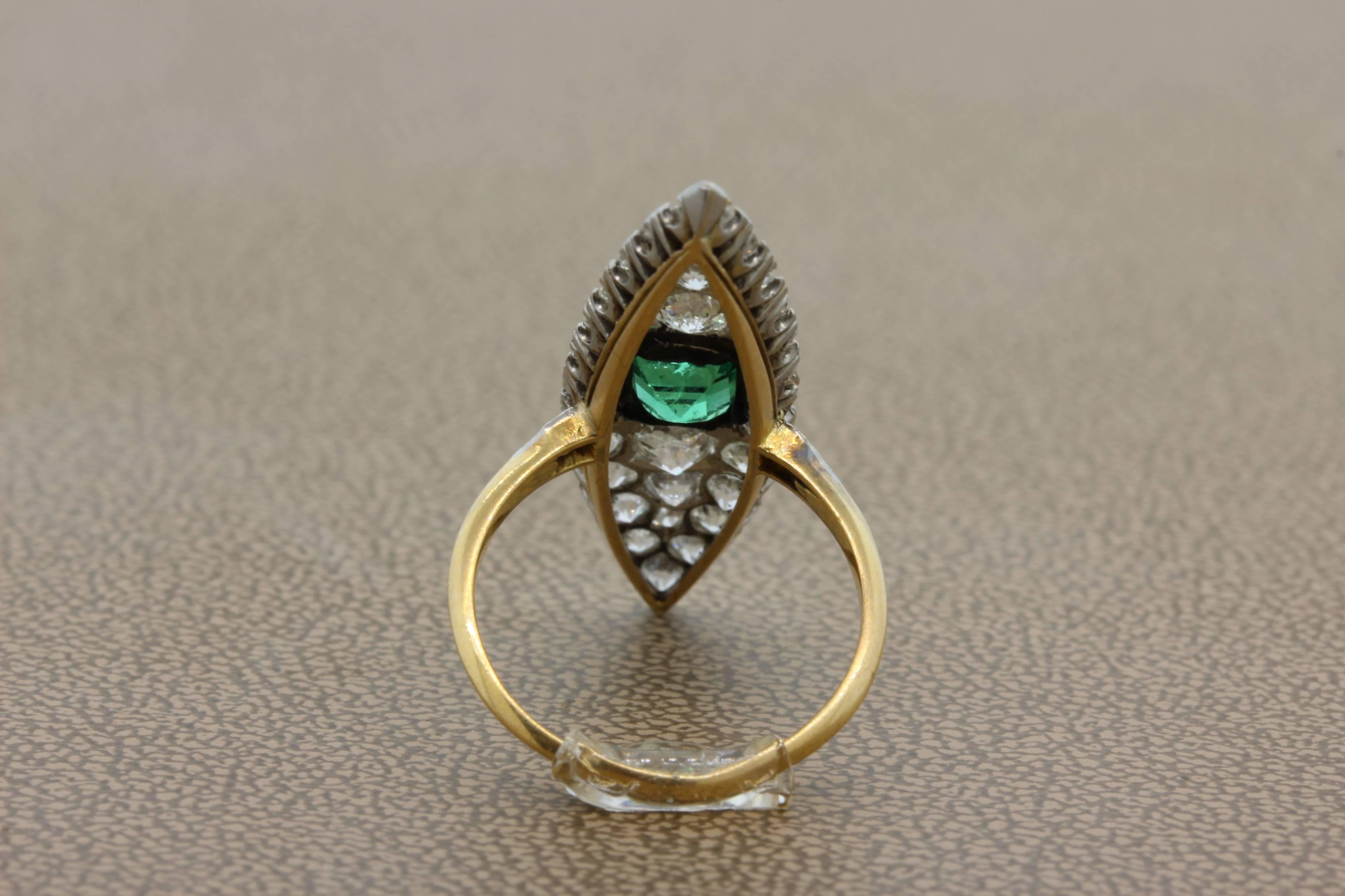 Women's or Men's Antique Emerald Diamond Gold Navette Ring