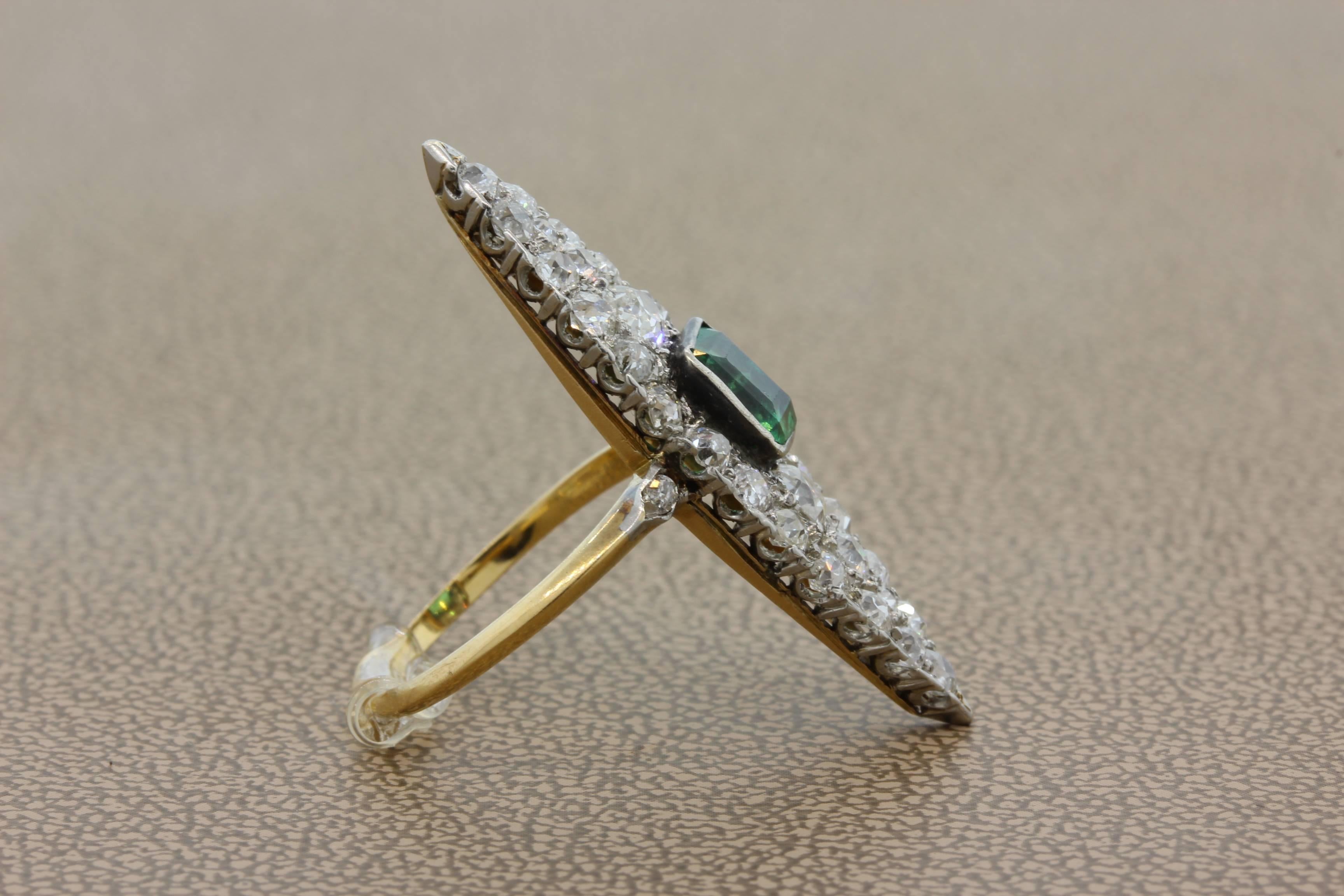 Antique Emerald Diamond Gold Navette Ring In New Condition In Beverly Hills, CA