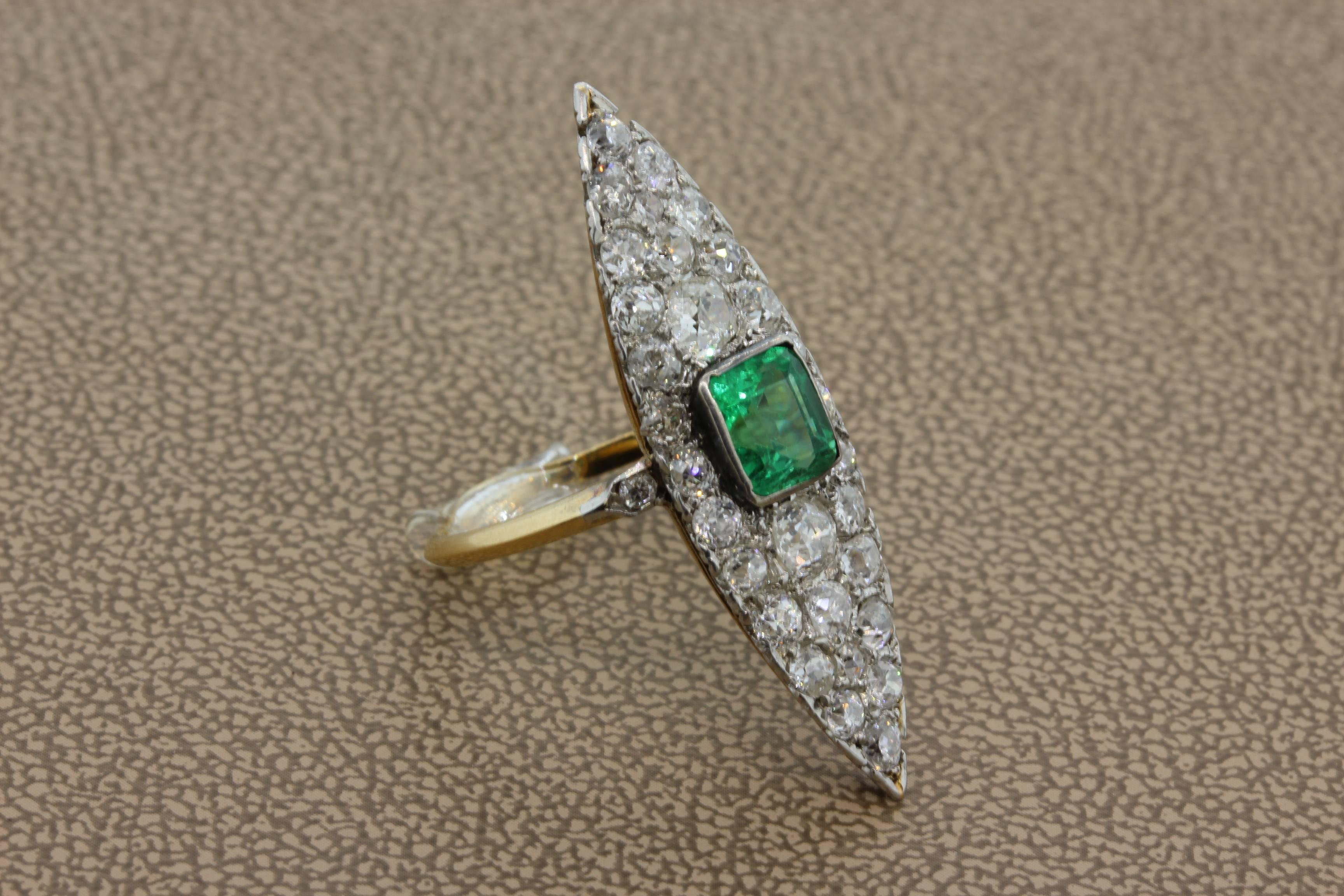 Emerald Cut Antique Emerald Diamond Gold Navette Ring