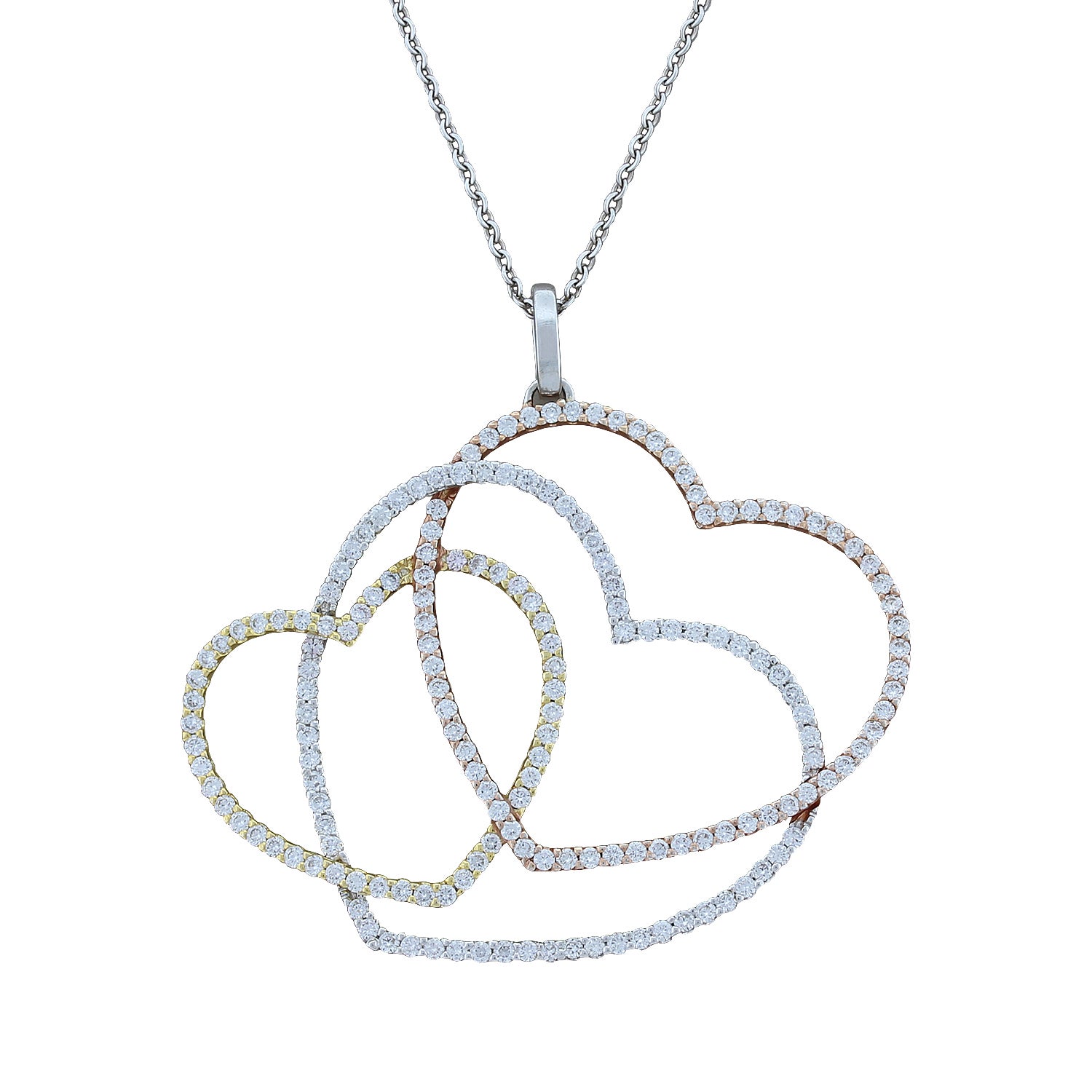 Diamond Gold Triple Heart Pendant Necklace For Sale at 1stDibs