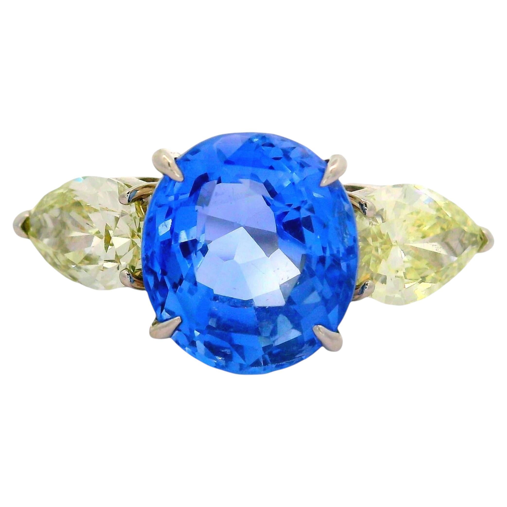 5.81 Carat No-Heat Blue Ceylon Sapphire Diamond Platinum Three-Stone Ring, GIA