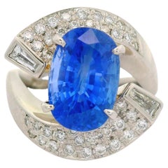 5.04 Carat Blue Ceylon Sapphire Diamond Platinum Bypass Ring, GIA Certified