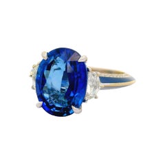 7.03 Carat Blue Ceylon Sapphire Diamond Enamel 18K White Gold Ring, GIA Certifed