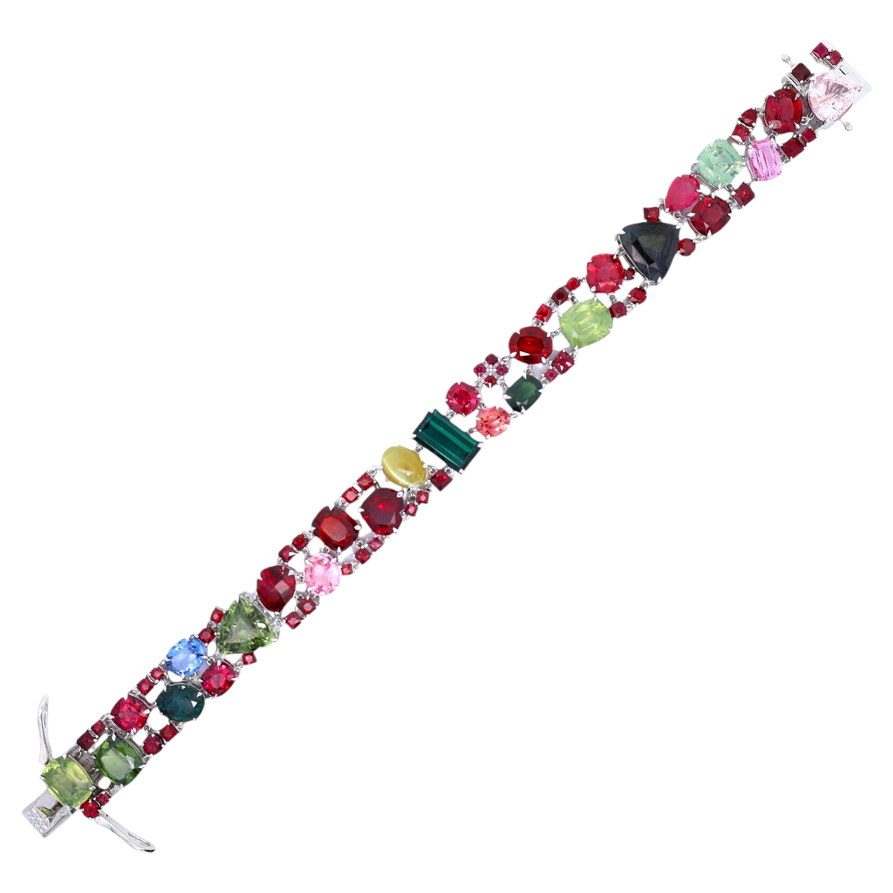 Multi-Colored Gemstones 14K White Gold Cluster Eternity Bracelet For Sale