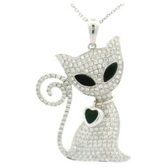 Diamond Onyx Enamel 18K White Gold Cat Heart Pendant Chain