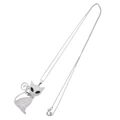 Diamond Onyx Enamel 18K White Gold Cat Heart Pendant Chain
