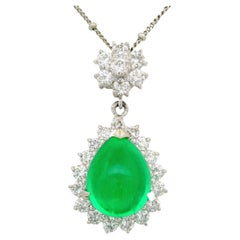 5.31 Carat Emerald Diamond Platinum 18K White Gold Halo Flower Pendant Necklace