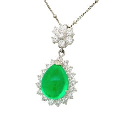 5.31 Carat Emerald Diamond Platinum 18K White Gold Halo Flower Pendant Necklace