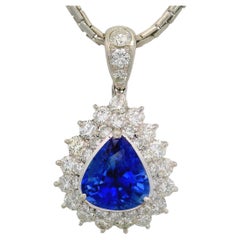 Blue Sapphire Diamond Platinum Double-Halo Pendant Necklace
