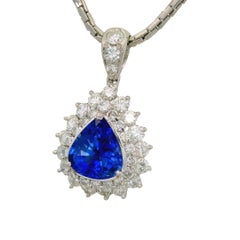 Blue Sapphire Diamond Platinum Double-Halo Pendant Necklace