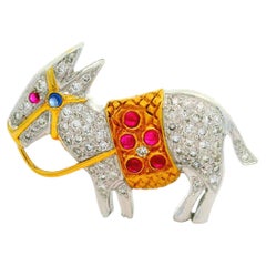 Diamond Ruby Blue Sapphire 18K Two-Tone Gold Donkey Pin Brooch