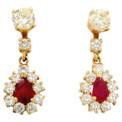 Ruby Diamond 18K Yellow Gold Halo Drop Dangle Stud Earrings