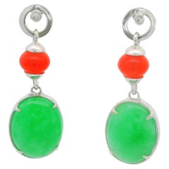 Green Purple & Orange Jadeite Jade Diamond 18K White Gold Drop Earrings