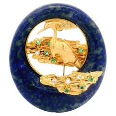 Emerald Diamond Lapis Lazuli 18K Yellow Gold Heron Bird in Lagoon Brooch Pendant