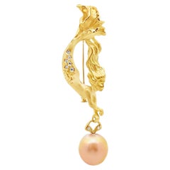 13mm Golden South Sea Pearl Diamond 18K Yellow Gold Mermaid Brooch