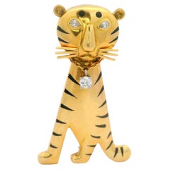 Diamond 18K Yellow Gold Tiger Brooch