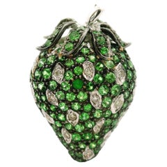 Tsavorite Diamond 18K White Gold Strawberry Brooch Pendant